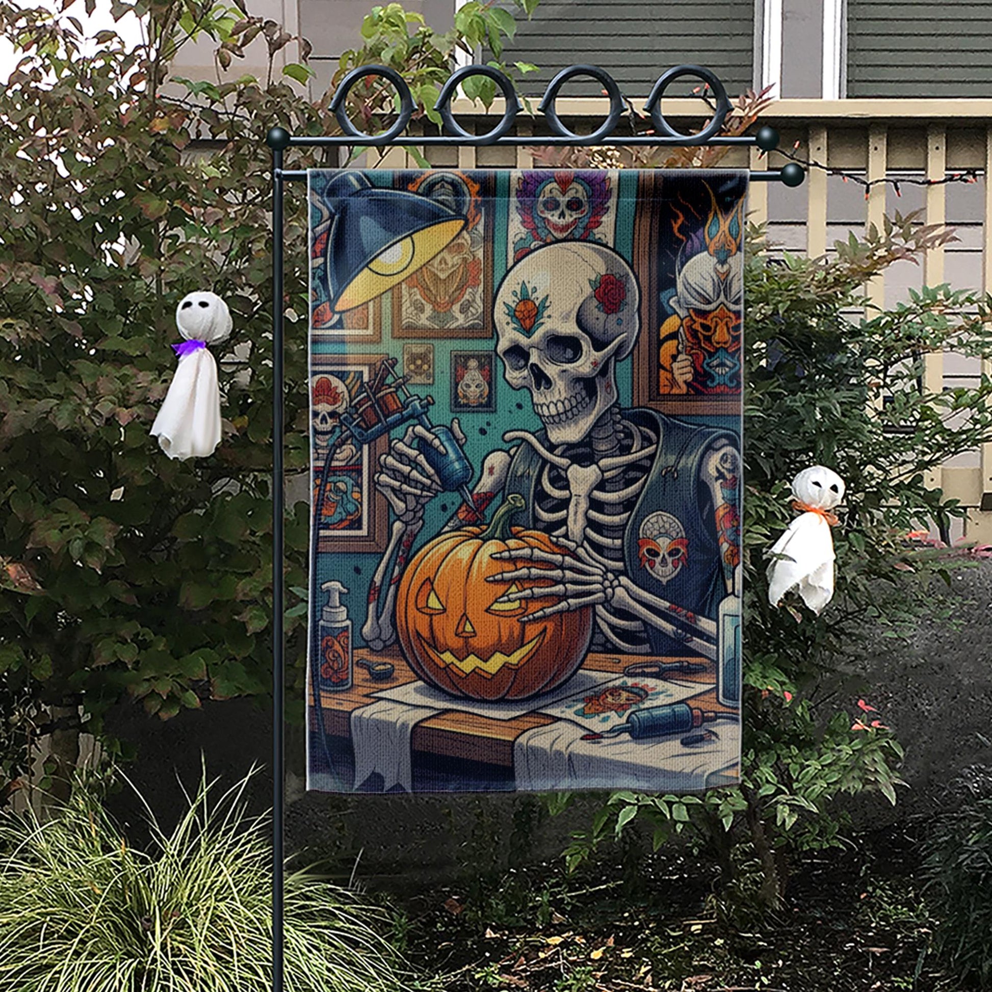 Tattoo Skeleton Halloween Garden Flag – Spooky Jack-O'-Lantern Decor for Fall, Goth Yard Art, Pumpkin Inked Outdoor Flag