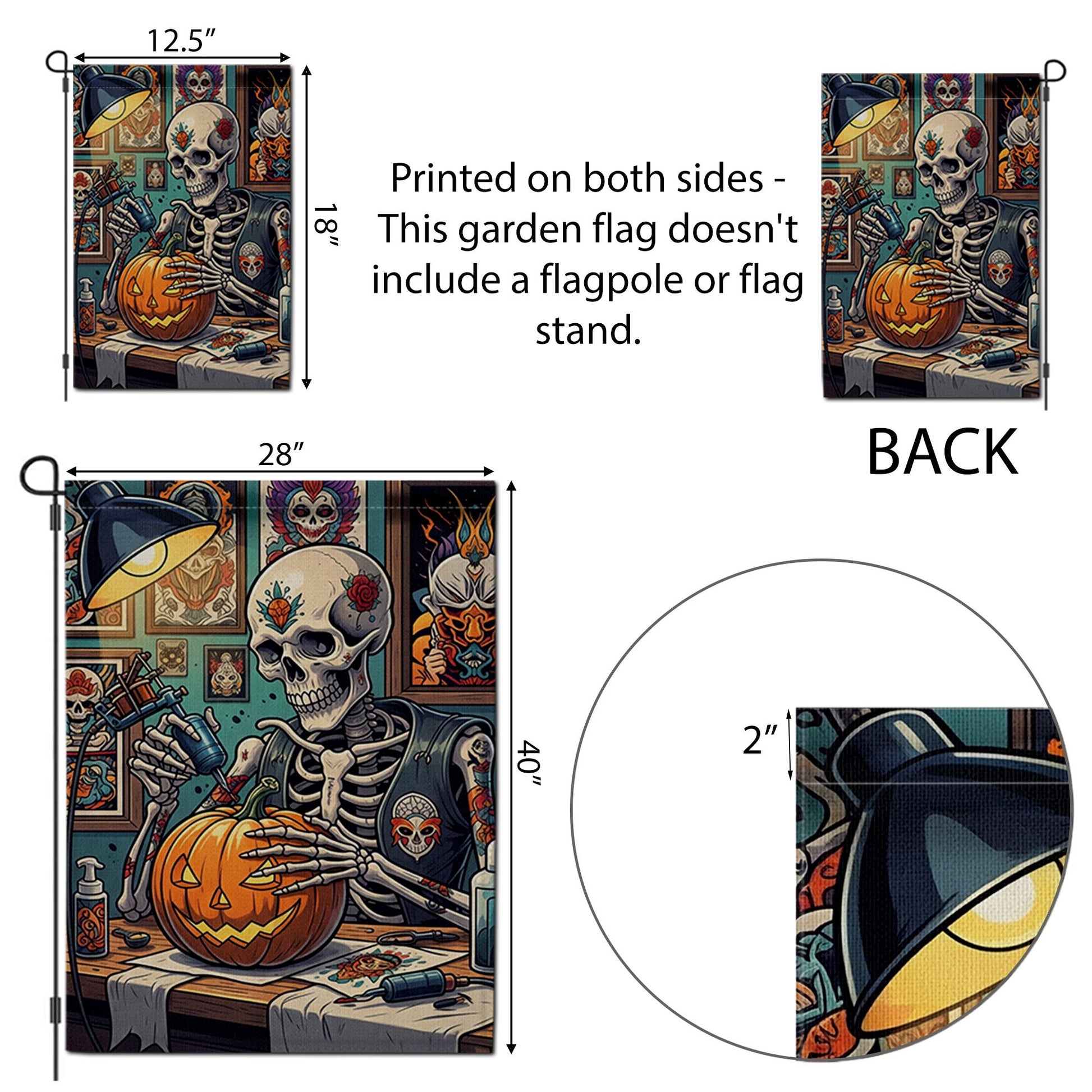 Tattoo Skeleton Halloween Garden Flag – Spooky Jack-O'-Lantern Decor for Fall, Goth Yard Art, Pumpkin Inked Outdoor Flag