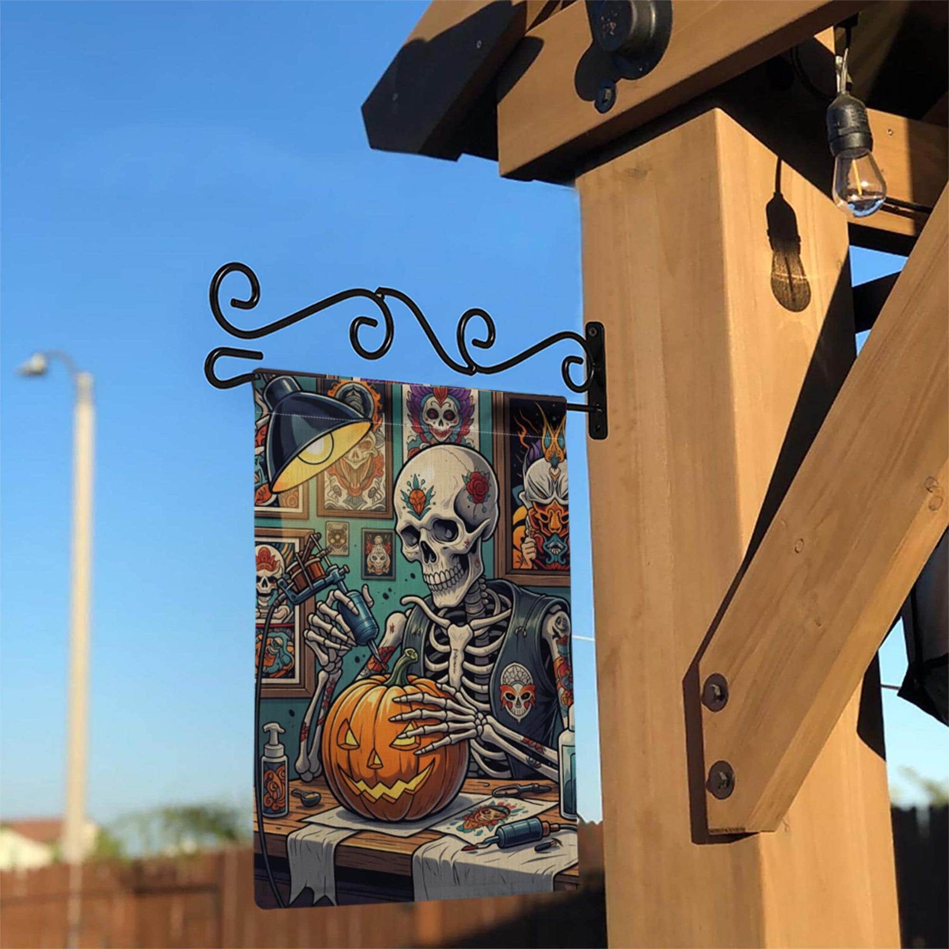 Tattoo Skeleton Halloween Garden Flag – Spooky Jack-O'-Lantern Decor for Fall, Goth Yard Art, Pumpkin Inked Outdoor Flag