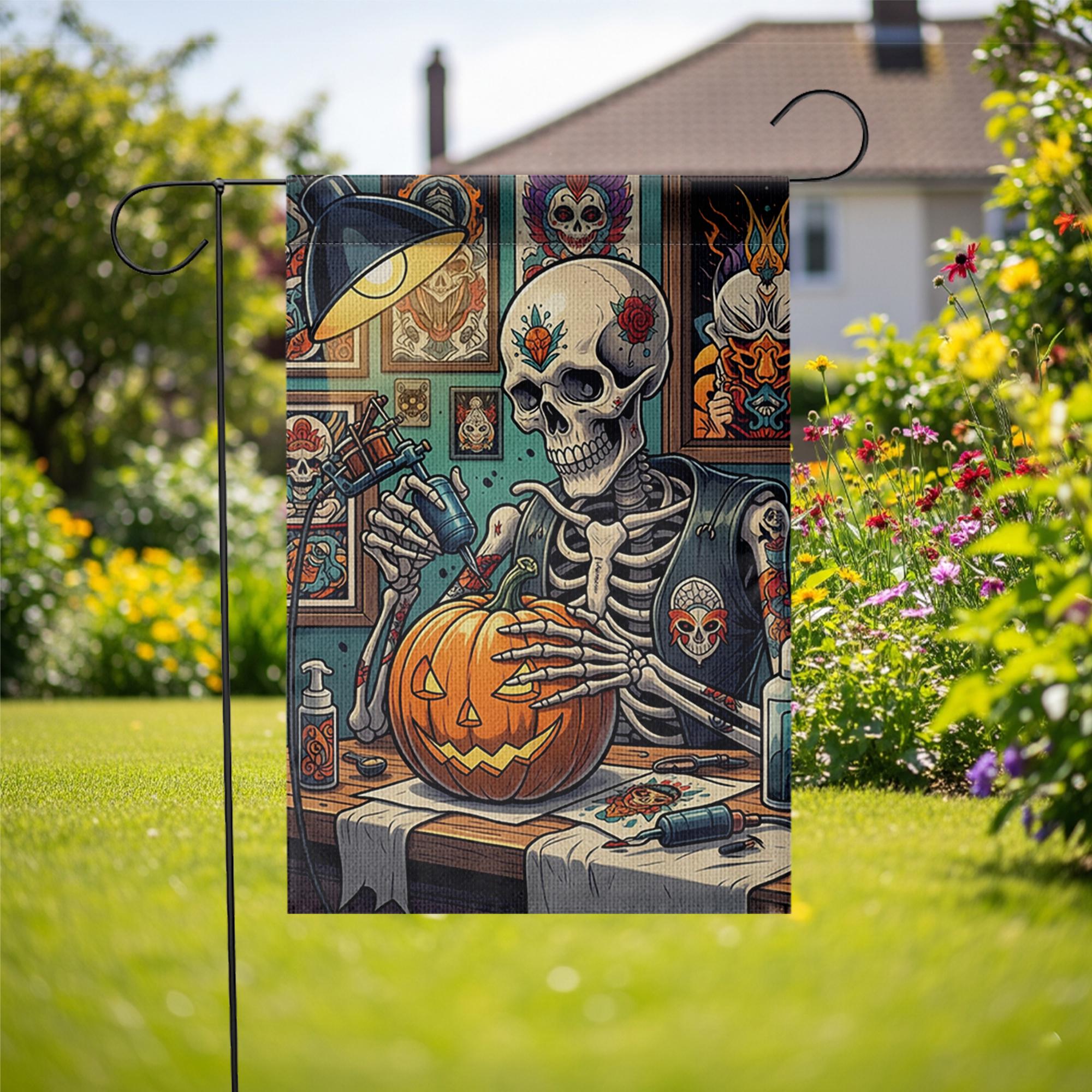 Tattoo Skeleton Halloween Garden Flag – Spooky Jack-O'-Lantern Decor for Fall, Goth Yard Art, Pumpkin Inked Outdoor Flag