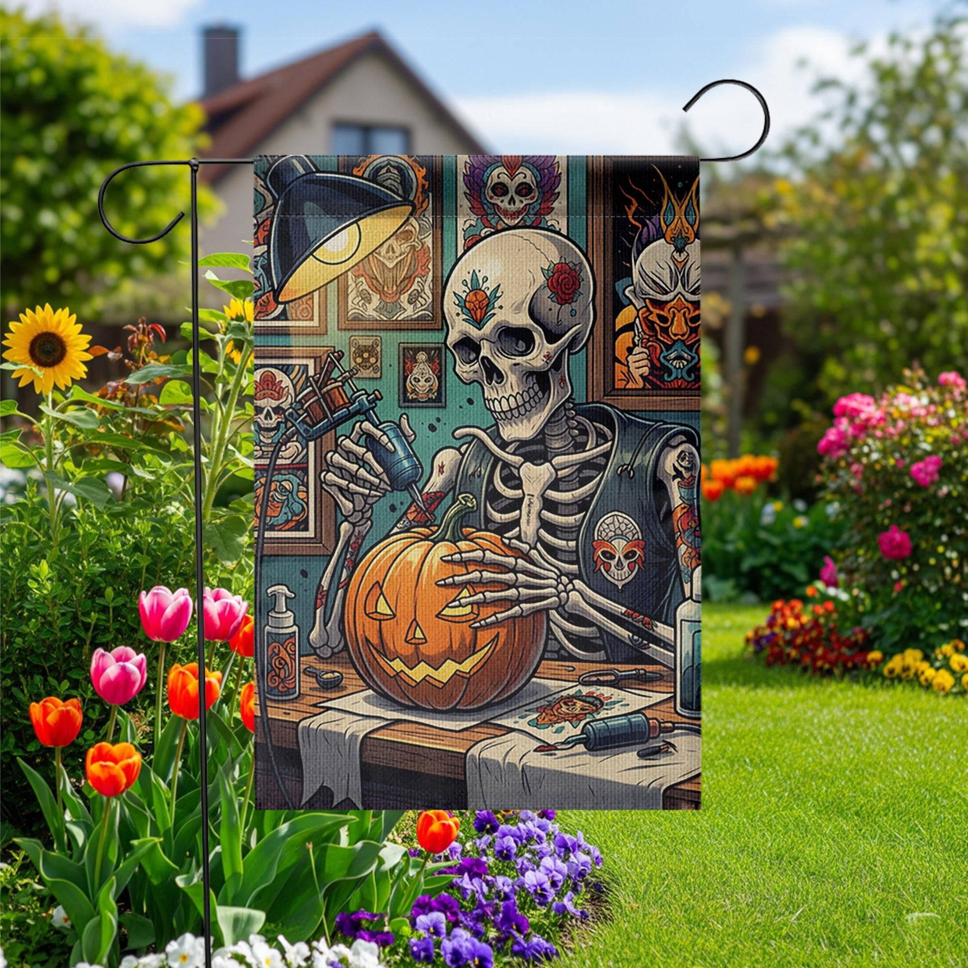 Tattoo Skeleton Halloween Garden Flag – Spooky Jack-O'-Lantern Decor for Fall, Goth Yard Art, Pumpkin Inked Outdoor Flag