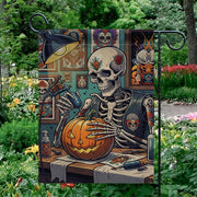 Tattoo Skeleton Halloween Garden Flag – Spooky Jack-O'-Lantern Decor for Fall, Goth Yard Art, Pumpkin Inked Outdoor Flag