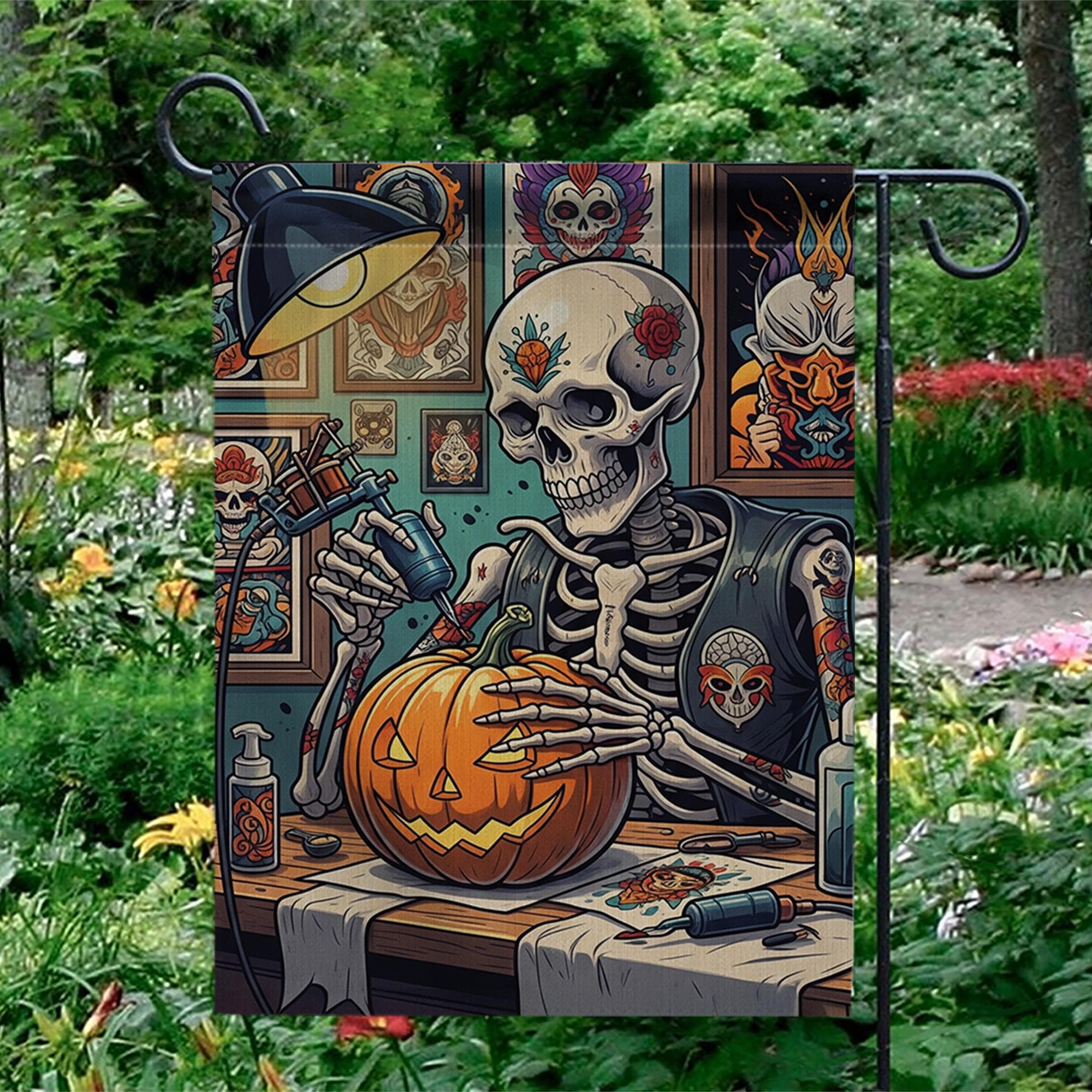 Tattoo Skeleton Halloween Garden Flag – Spooky Jack-O'-Lantern Decor for Fall, Goth Yard Art, Pumpkin Inked Outdoor Flag