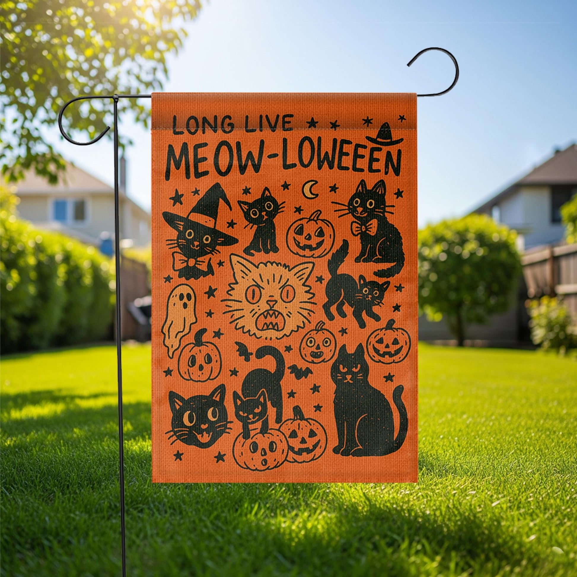 Meow-loween Garden Flag - Cute Halloween Cat Yard Decor - Funny Black Cat Pumpkin Flag for Spooky Fall Outdoor Display