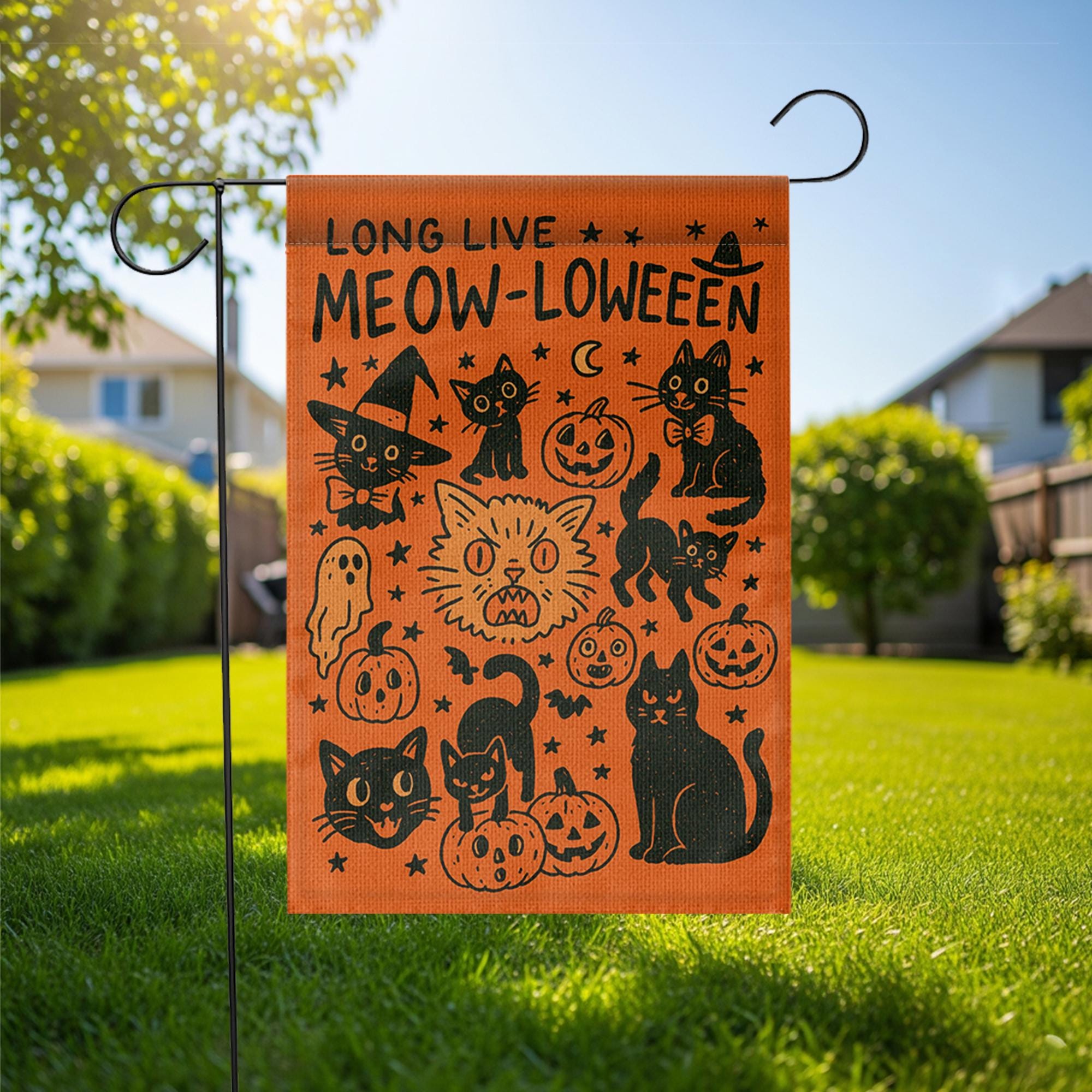 Meow-loween Garden Flag - Cute Halloween Cat Yard Decor - Funny Black Cat Pumpkin Flag for Spooky Fall Outdoor Display