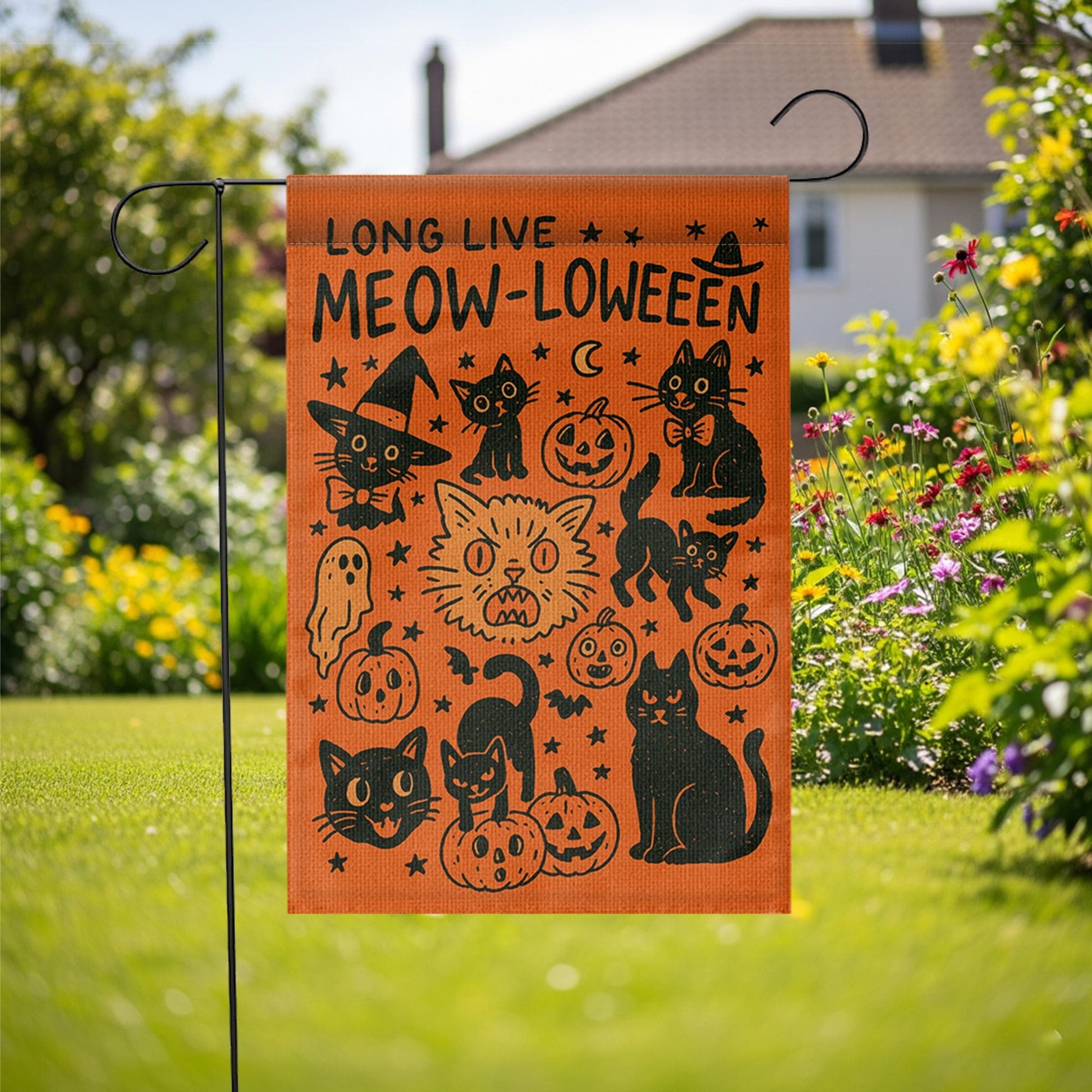 Meow-loween Garden Flag - Cute Halloween Cat Yard Decor - Funny Black Cat Pumpkin Flag for Spooky Fall Outdoor Display