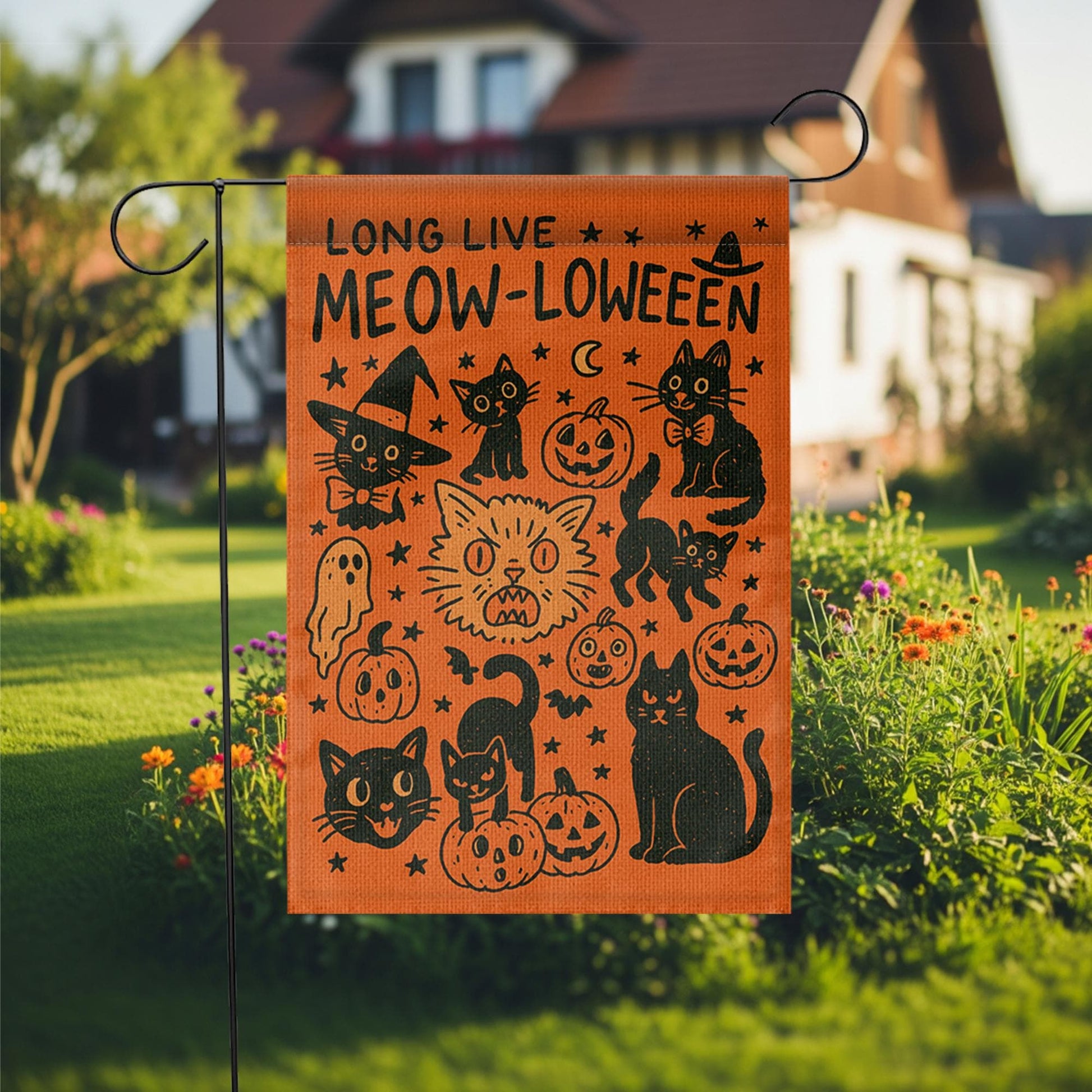 Meow-loween Garden Flag - Cute Halloween Cat Yard Decor - Funny Black Cat Pumpkin Flag for Spooky Fall Outdoor Display