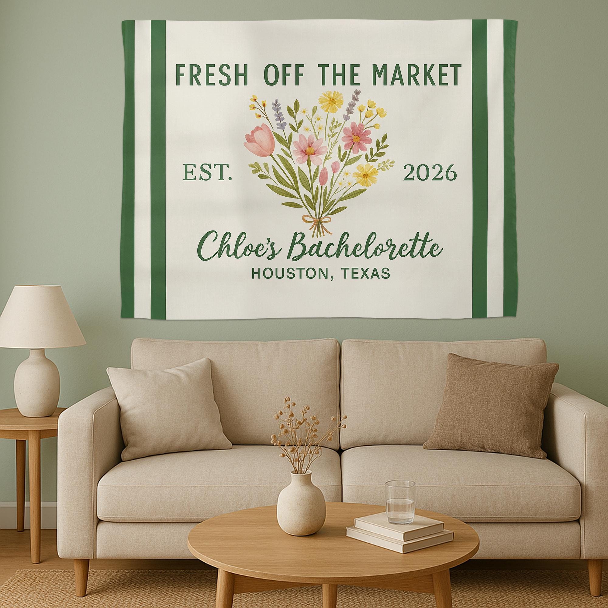 Fresh Off the Market Bachelorette Banner - Custom Floral Tapestry with Name, Date & Location - Personalized Bridal Party Wall Decor