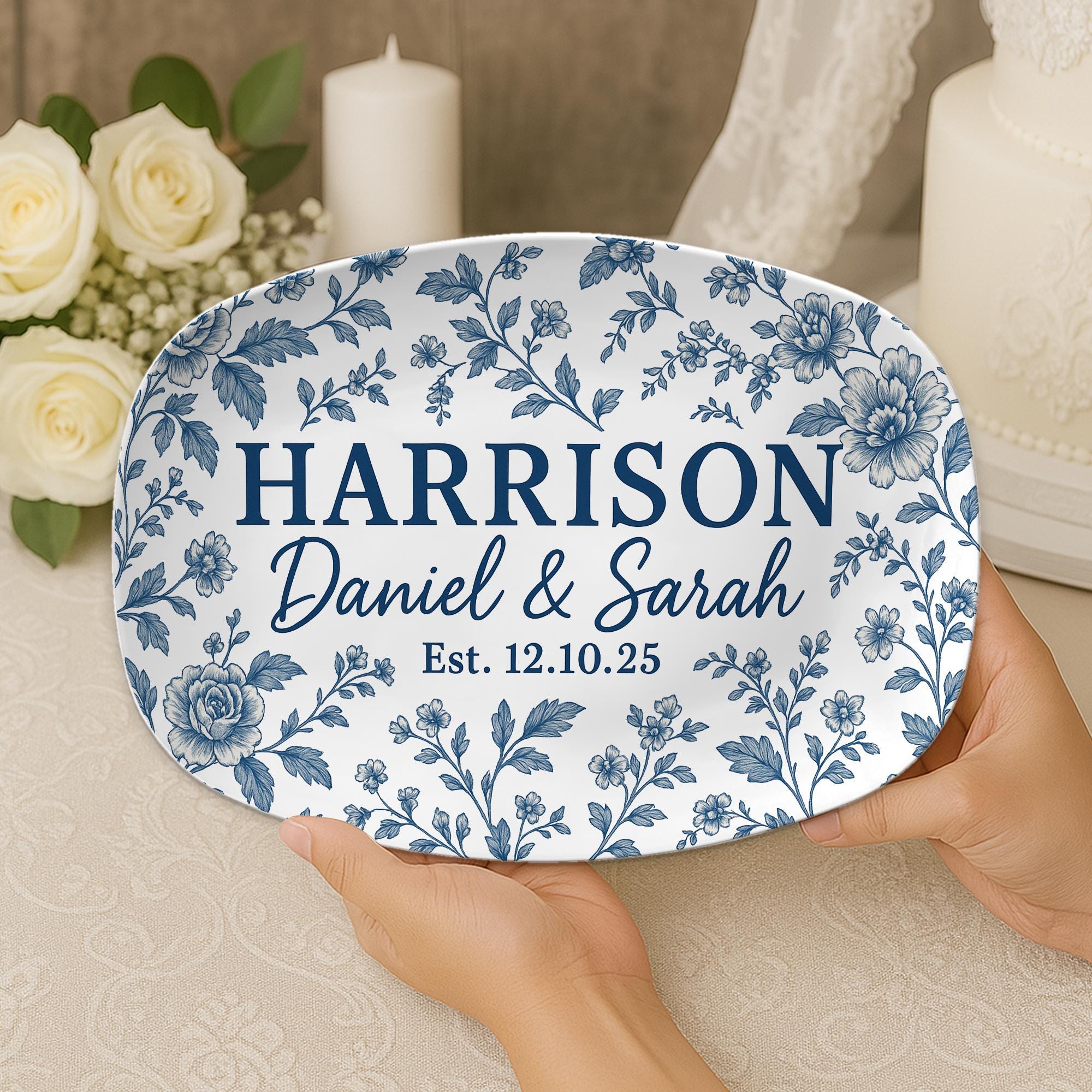Custom Wedding Platter Blue Floral – Personalized Couple Gift – Last Name Established Plate – Custom Anniversary Tray  - DECOR only