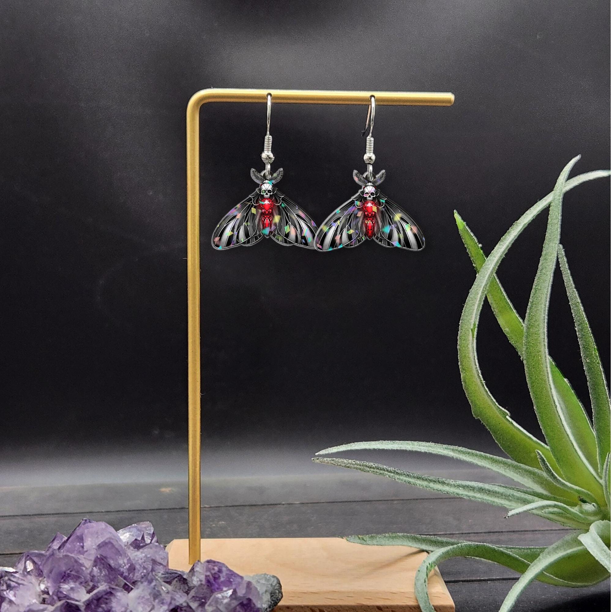 Gothic Moth Skull Earrings – Dark Aesthetic Jewelry – Creepy Cute Bug Earrings – Black Red Insect Earrings – Spooky Acrylic Dangles