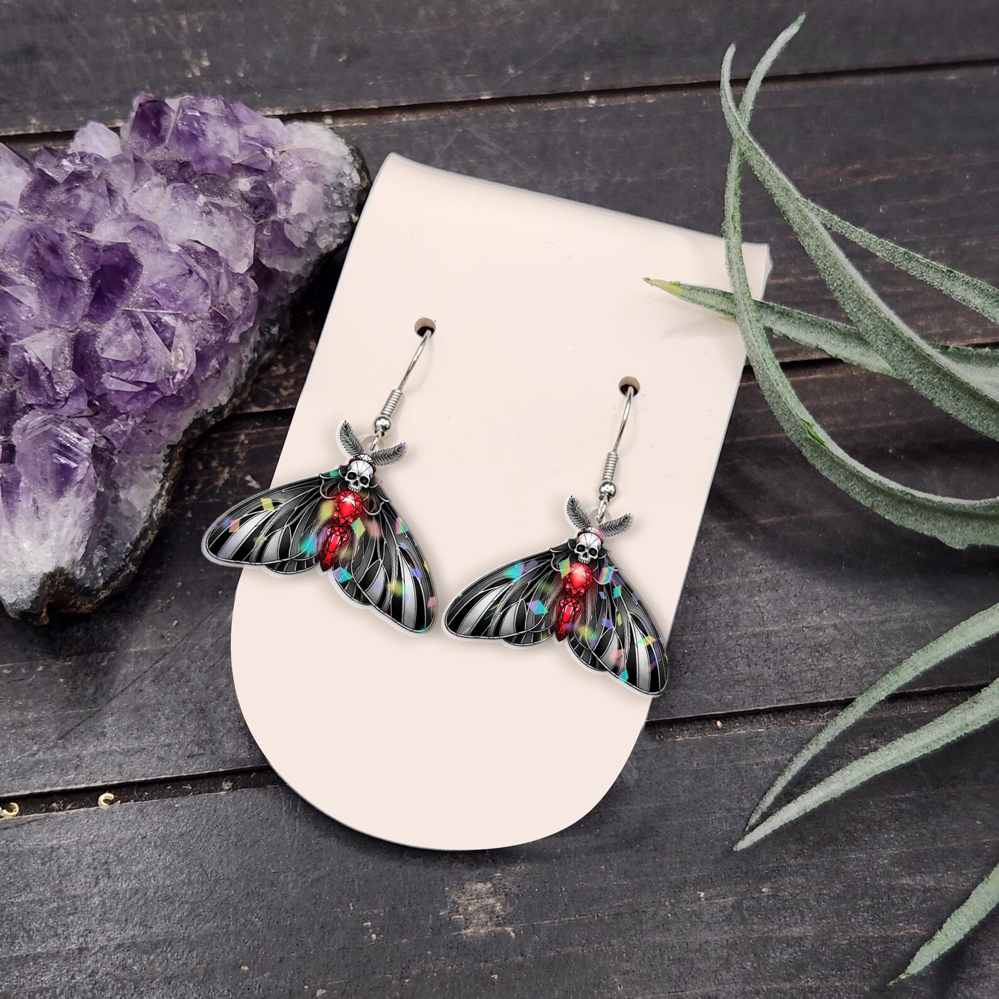 Gothic Moth Skull Earrings – Dark Aesthetic Jewelry – Creepy Cute Bug Earrings – Black Red Insect Earrings – Spooky Acrylic Dangles