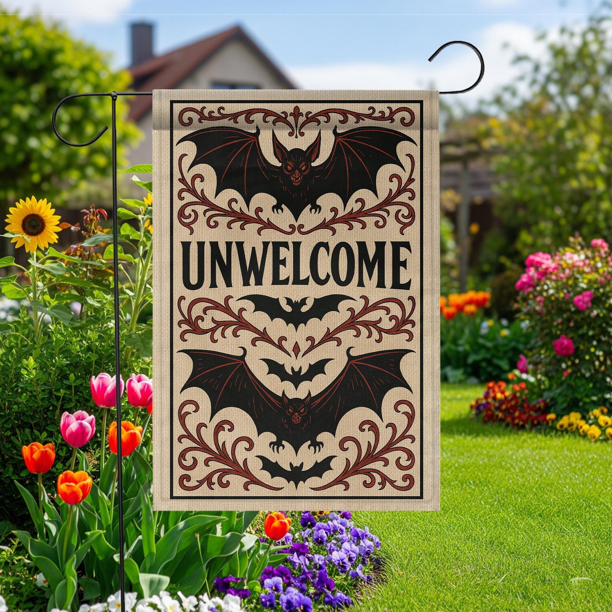 Unwelcome Gothic Garden Flag – Halloween Bat Yard Decor – Spooky Outdoor Banner – Creepy Front Porch Sign – Funny Haunted Flag