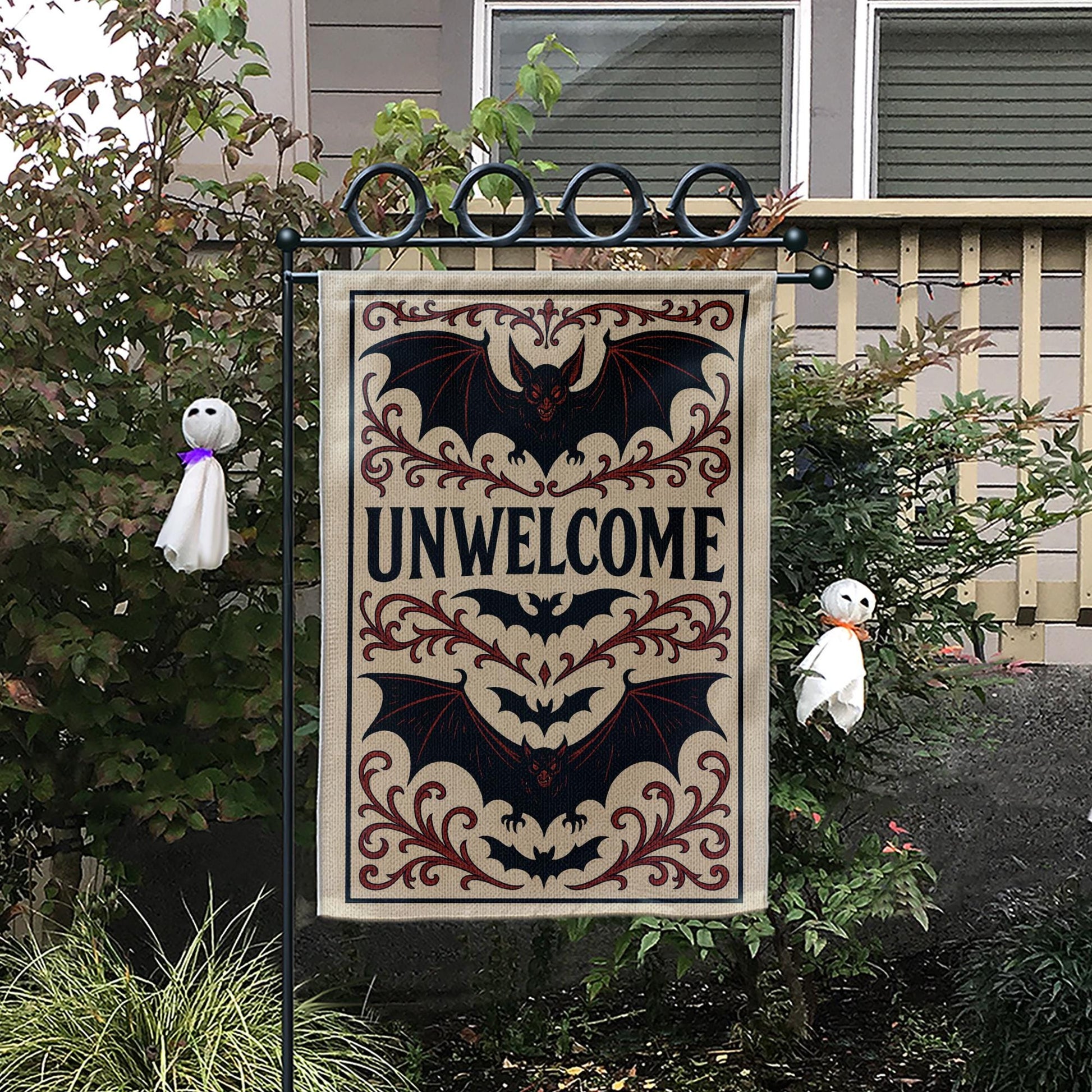 Unwelcome Gothic Garden Flag – Halloween Bat Yard Decor – Spooky Outdoor Banner – Creepy Front Porch Sign – Funny Haunted Flag