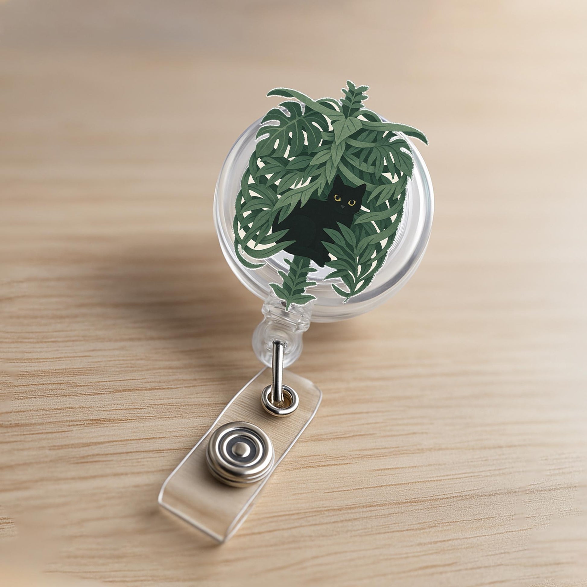 Cute Black Cat Jungle Badge Reel, Plant Lover ID Holder, Badge Reel Clip for Nurse, Office, Vet Tech, Animal Themed Badge, Nurse Gift