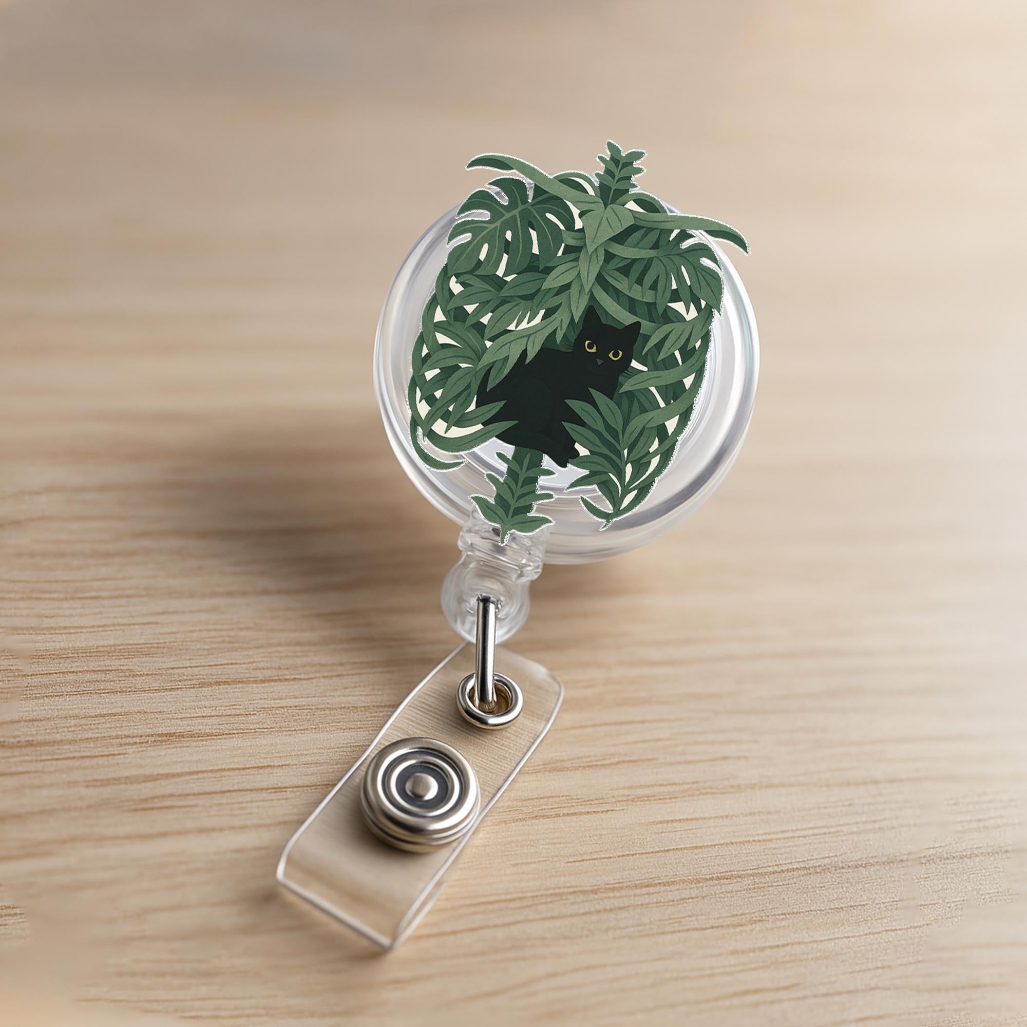 Cute Black Cat Jungle Badge Reel, Plant Lover ID Holder, Badge Reel Clip for Nurse, Office, Vet Tech, Animal Themed Badge, Nurse Gift