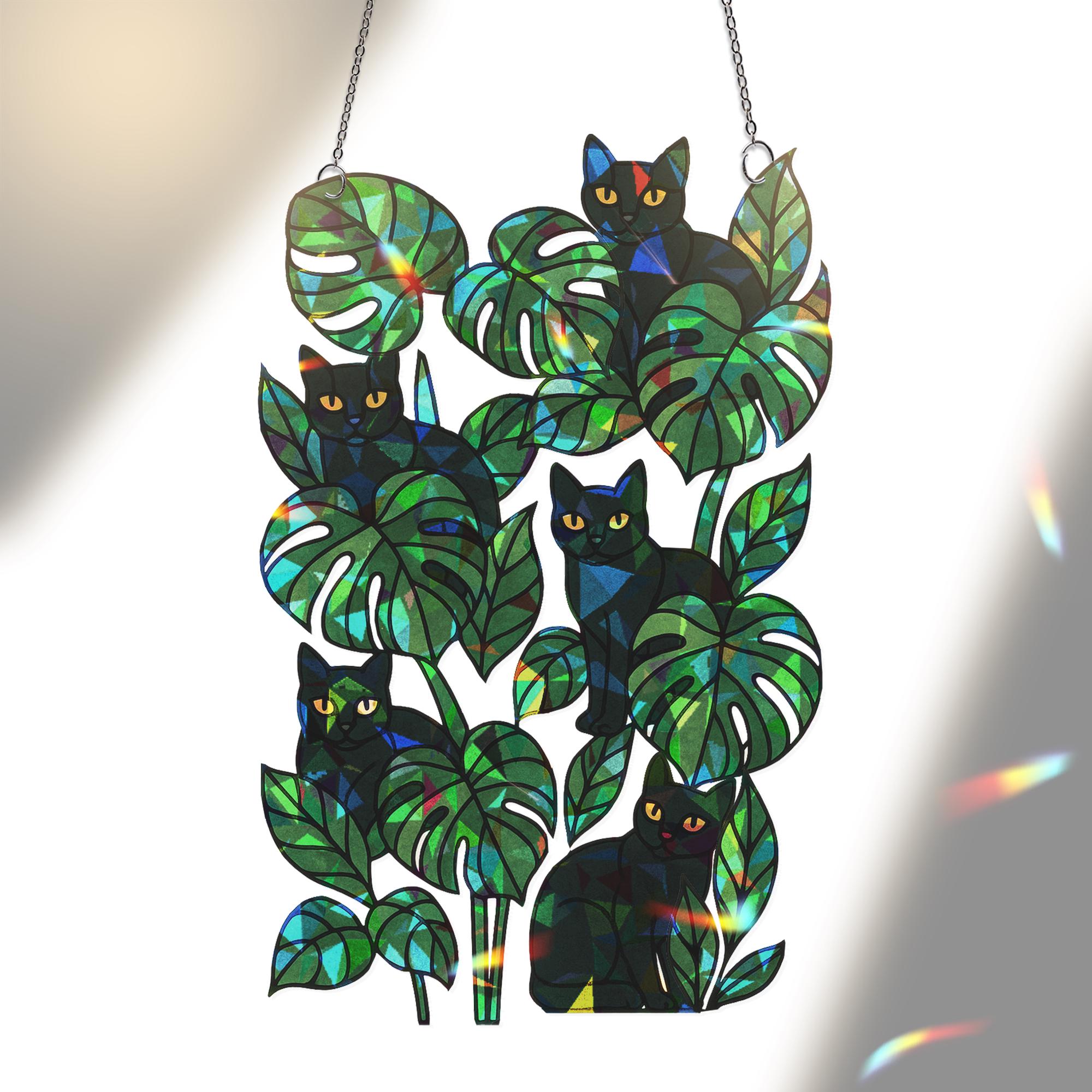 Black Cat Monstera Suncatcher, Stained Glass Style Window Hanging, Plant Lover Decor, Gothic Cat Art, Sunlight Prism Panel