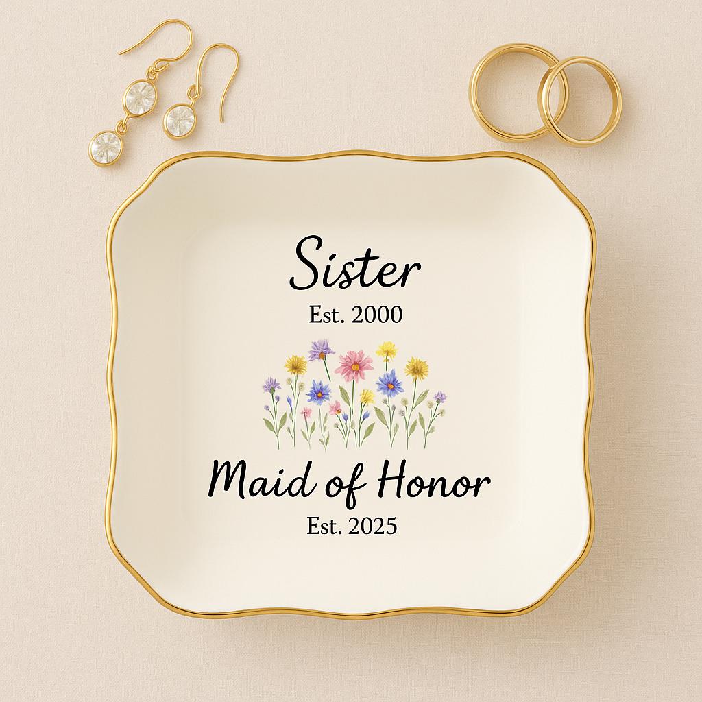 Custom Sister Jewelry Tray - Personalized Maid of Honor Gift with Established Dates - Floral Ring Dish Keepsake for Wedding Day –DECOR only