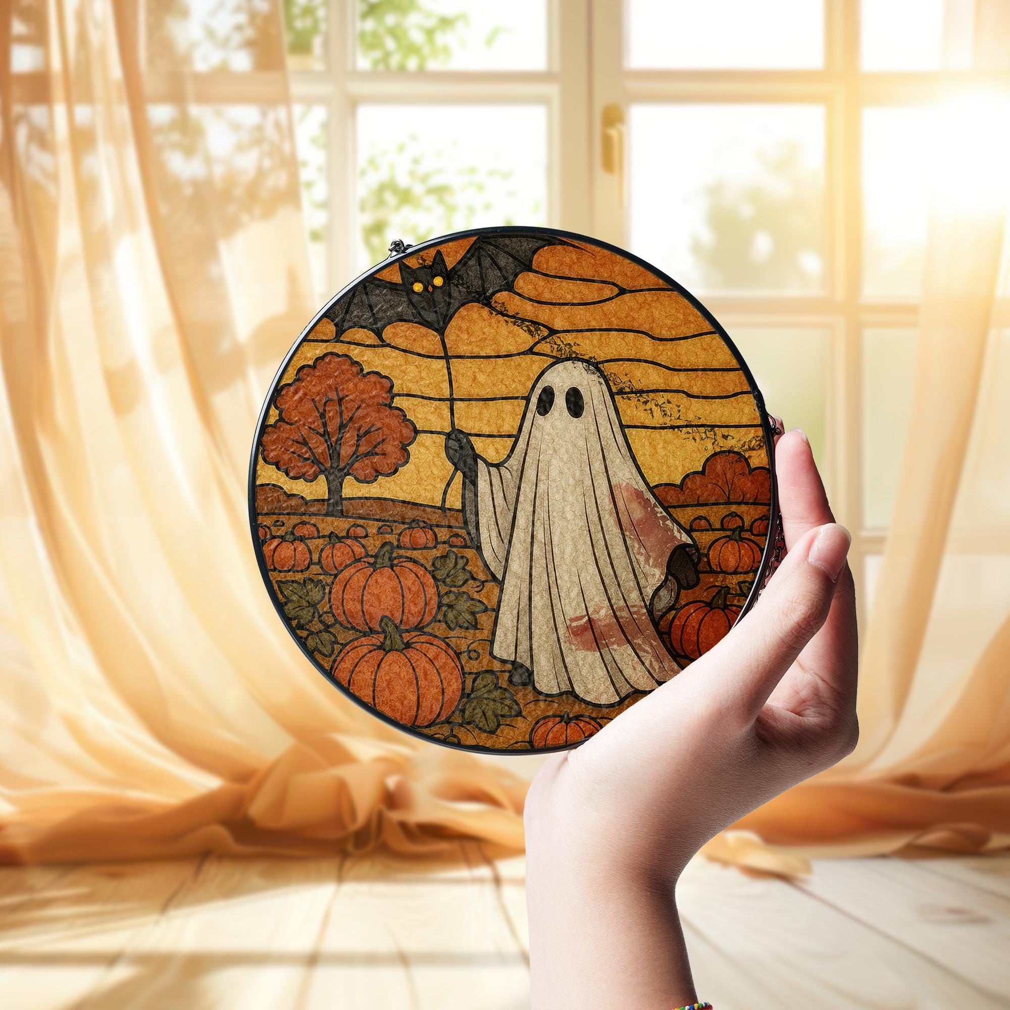 Ghost Suncatcher, Halloween Window Decor, Glass Ghost, Fall Pumpkin Sun Catcher, Spooky Cute Autumn Gift, Autumn home decor