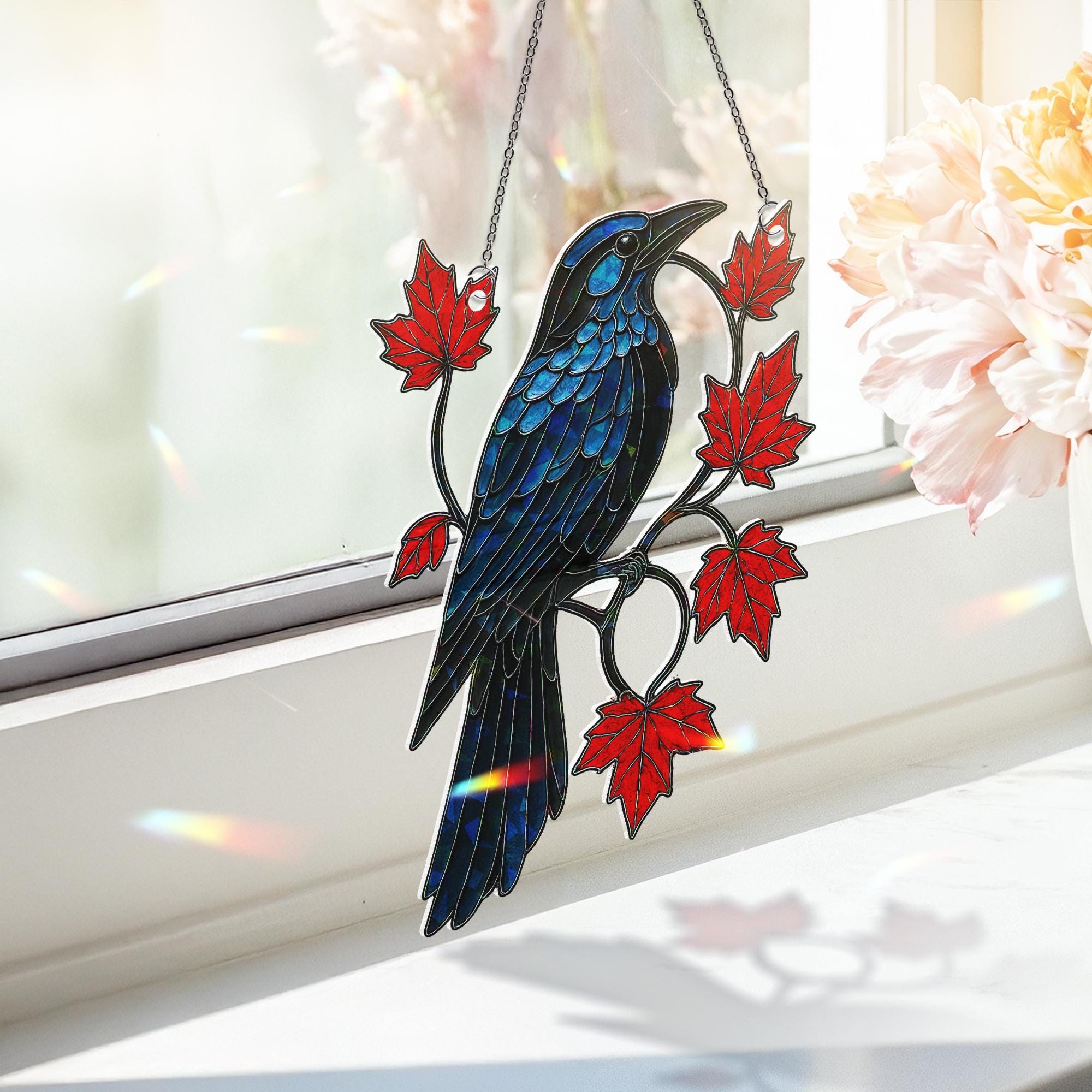 Holographic Raven Suncatcher, Gothic Bird Window Decor, Fall Maple Leaf Panel, Shiny Crow Art Glass, Autumn Hanging Ornament