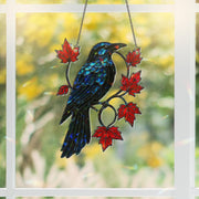 Holographic Raven Suncatcher, Gothic Bird Window Decor, Fall Maple Leaf Panel, Shiny Crow Art Glass, Autumn Hanging Ornament