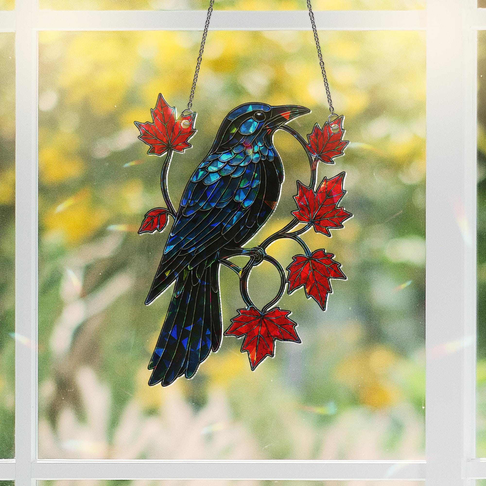 Holographic Raven Suncatcher, Gothic Bird Window Decor, Fall Maple Leaf Panel, Shiny Crow Art Glass, Autumn Hanging Ornament