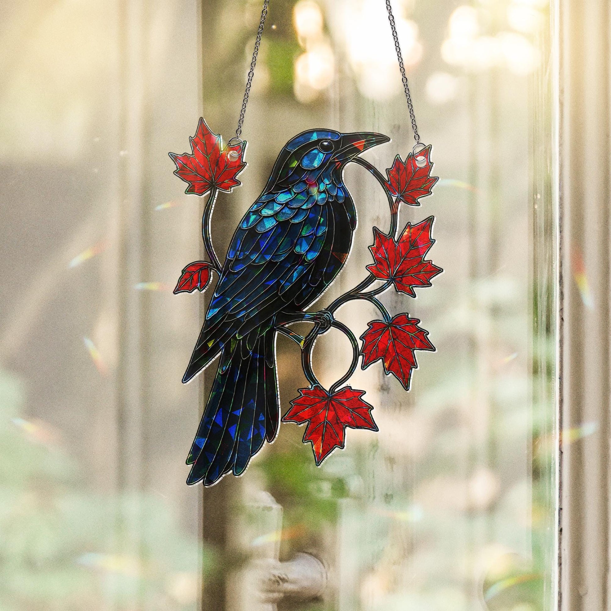 Holographic Raven Suncatcher, Gothic Bird Window Decor, Fall Maple Leaf Panel, Shiny Crow Art Glass, Autumn Hanging Ornament