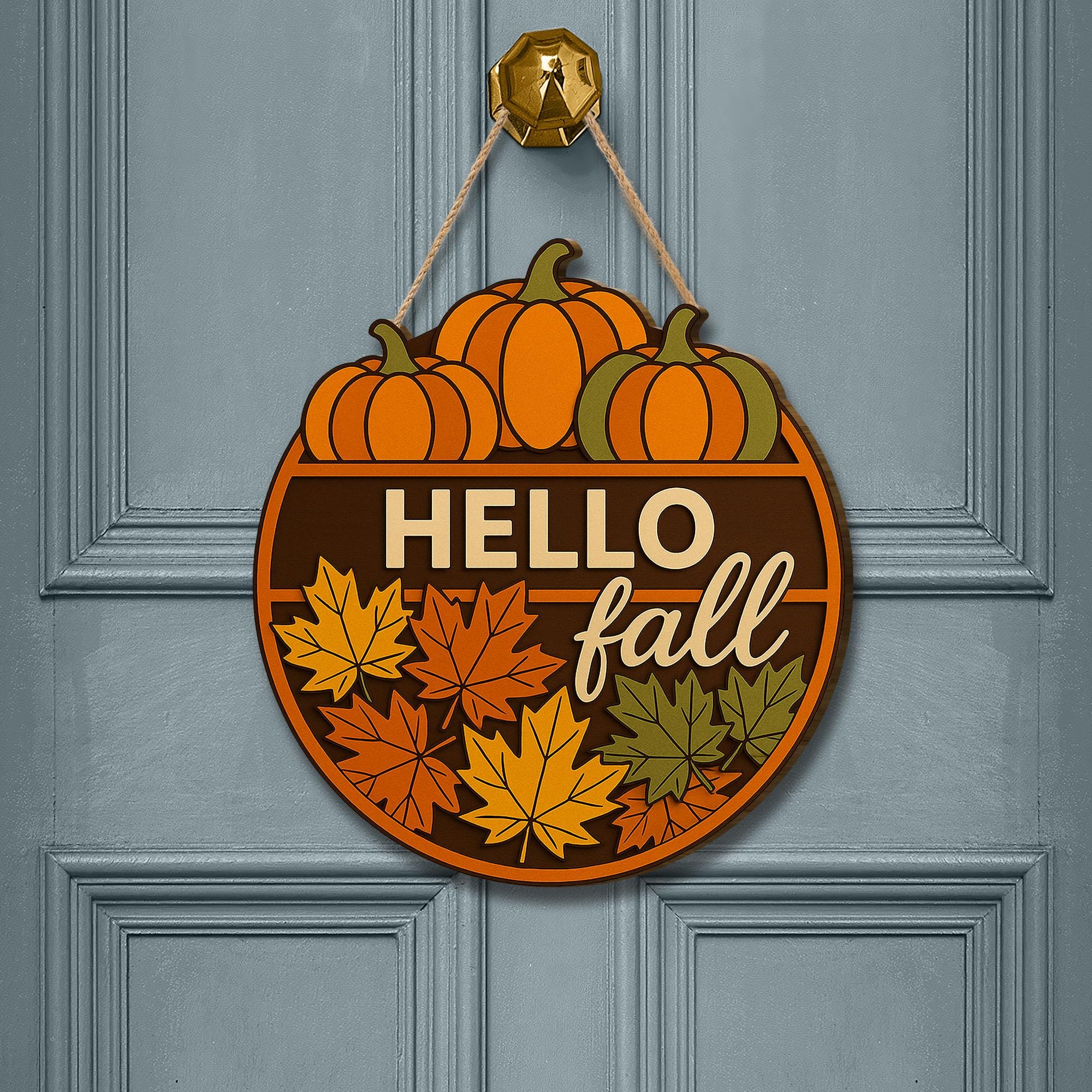Hello Fall Door Hanger, Pumpkin Porch Sign, Autumn Front Door Decor, Maple Leaf Welcome Sign, Rustic Fall Entryway Decoration