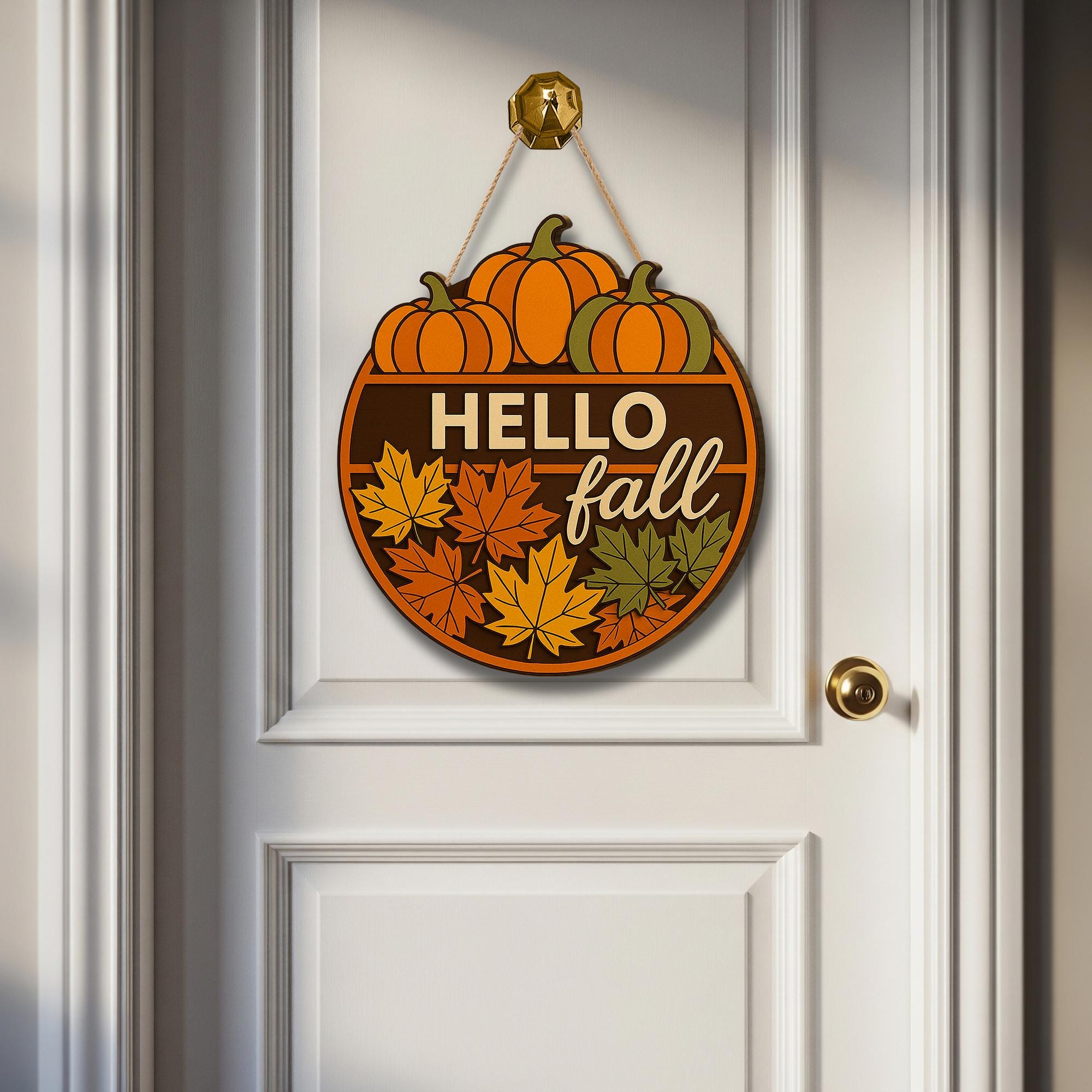 Hello Fall Door Hanger, Pumpkin Porch Sign, Autumn Front Door Decor, Maple Leaf Welcome Sign, Rustic Fall Entryway Decoration