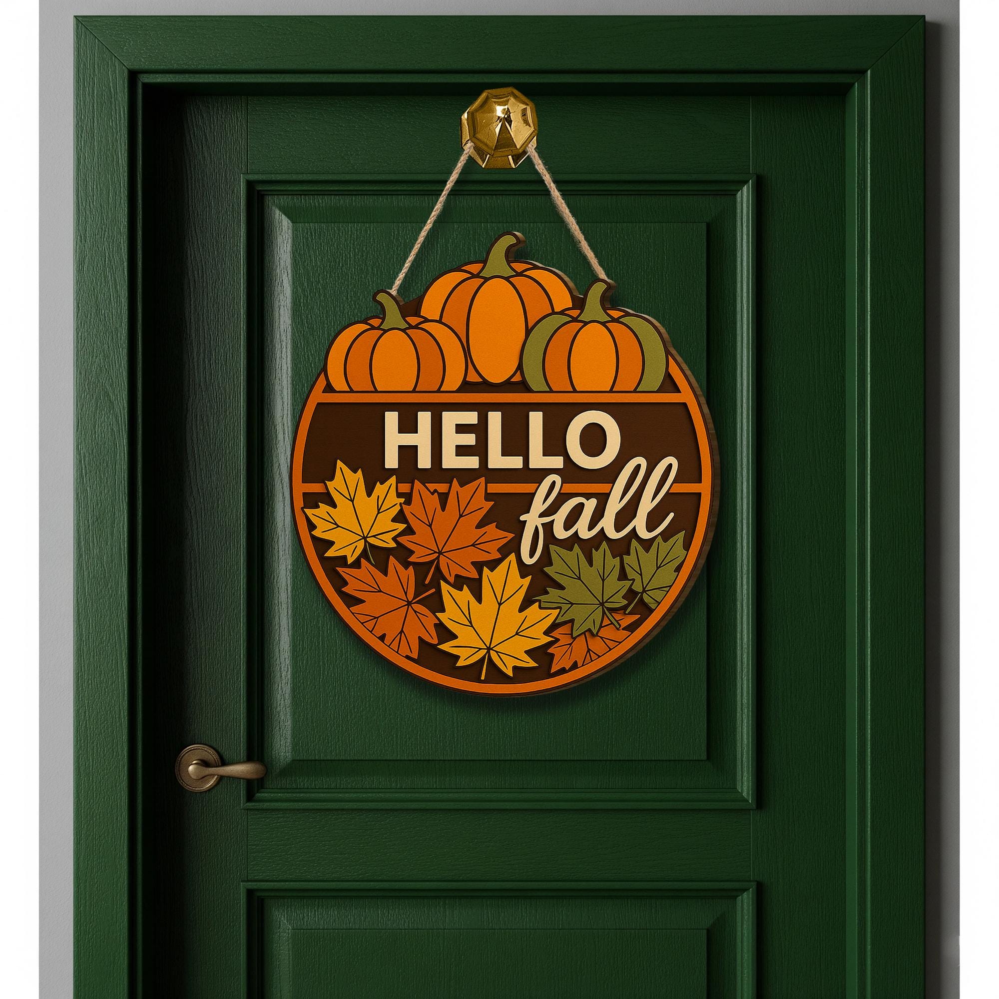 Hello Fall Door Hanger, Pumpkin Porch Sign, Autumn Front Door Decor, Maple Leaf Welcome Sign, Rustic Fall Entryway Decoration