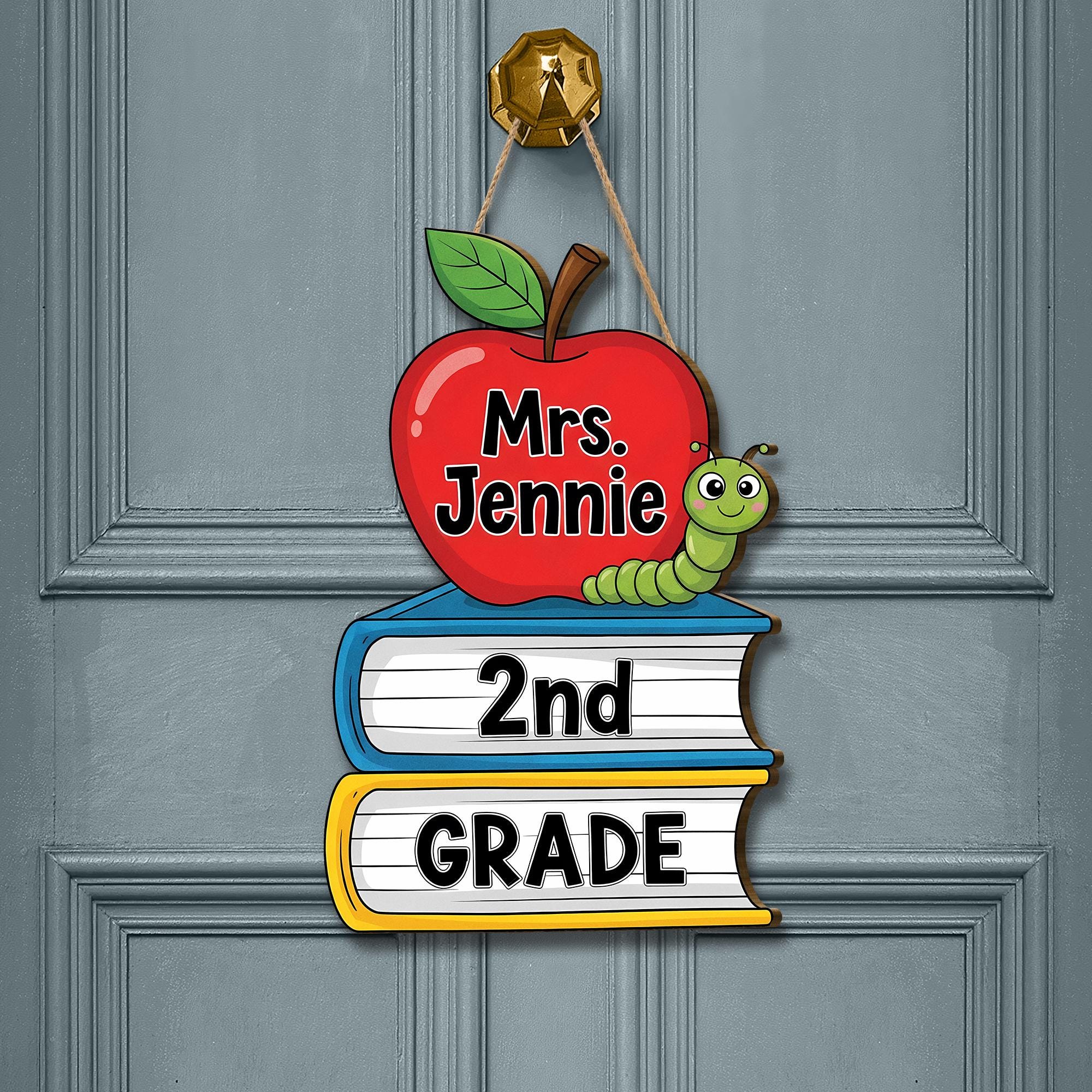 Personalized Teacher Door Sign, 2nd Grade Classroom Decor, Apple Book Worm Plaque, Back to School Gift, Custom Name School Sign