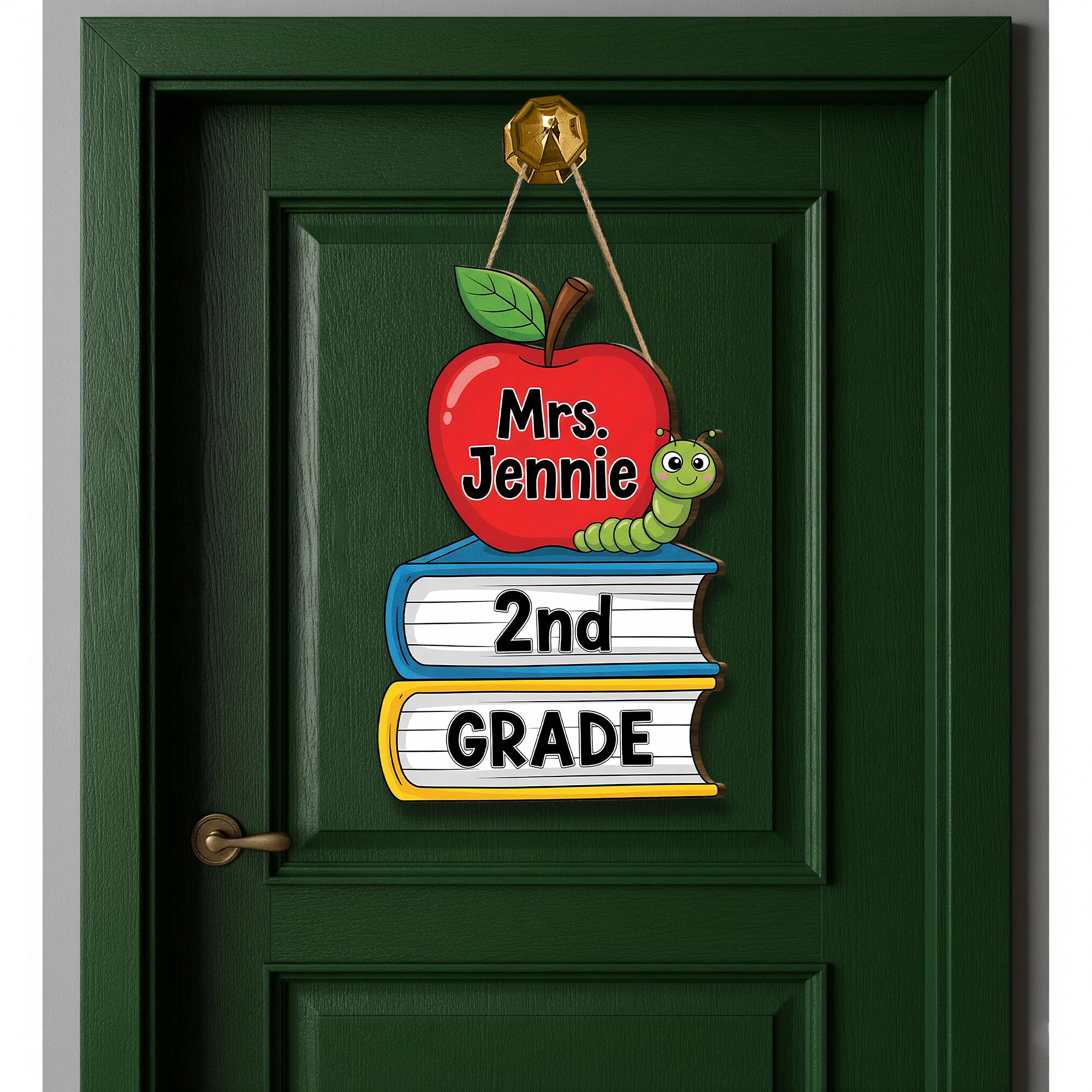 Personalized Teacher Door Sign, 2nd Grade Classroom Decor, Apple Book Worm Plaque, Back to School Gift, Custom Name School Sign