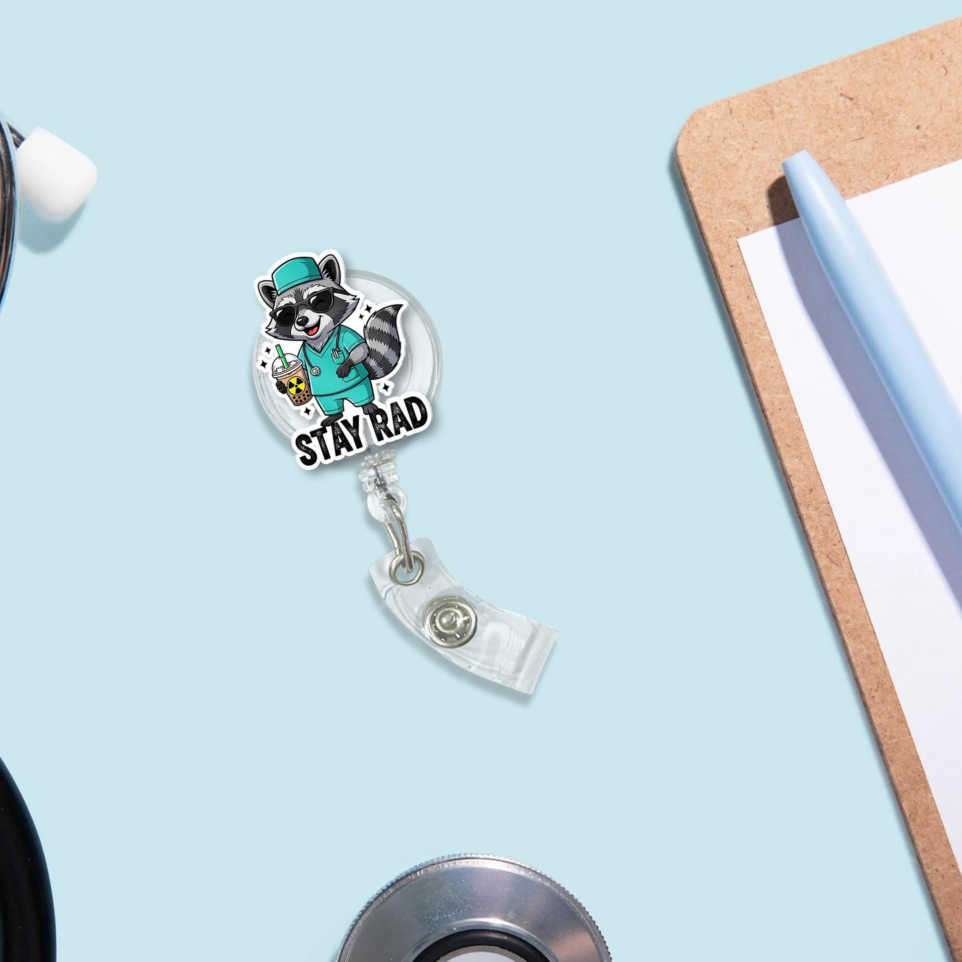 Stay Rad Badge Reel, Funny Radiology ID Clip, Raccoon Medical Badge, Cute X-Ray Tech Gift, Healthcare Accessory, Scrub Life Reel