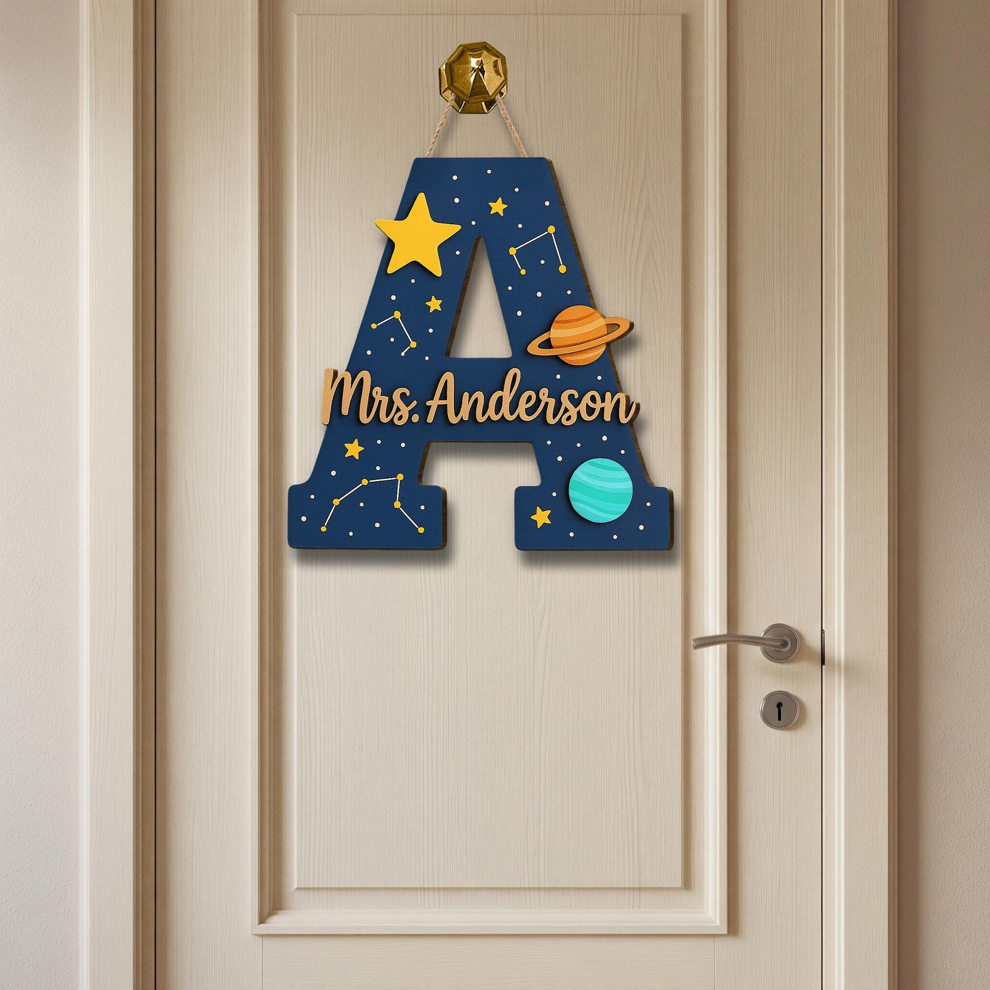 Personalized Teacher Door Sign, Space Theme Classroom Decor, Custom Name Plaque, Planet Initial Sign, Back to School Door Hanger
