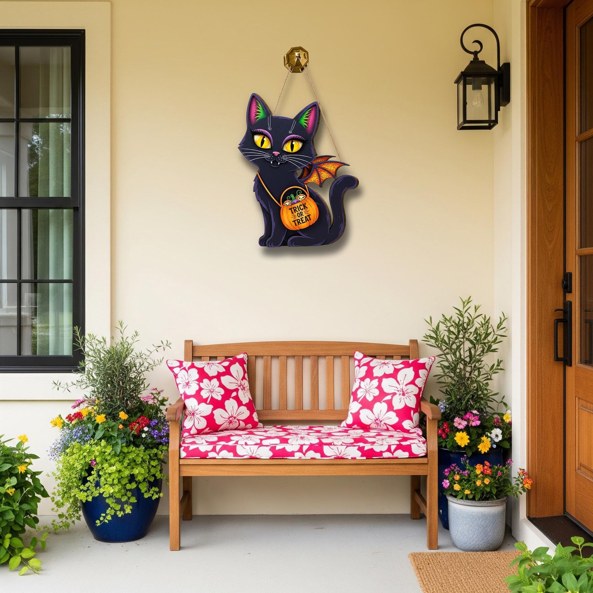 Halloween Black Cat Wooden Sign , Trick or Treat Sign, Spooky Cute Decor, Fall Home Decoration, Witchy Cat Welcome Sign
