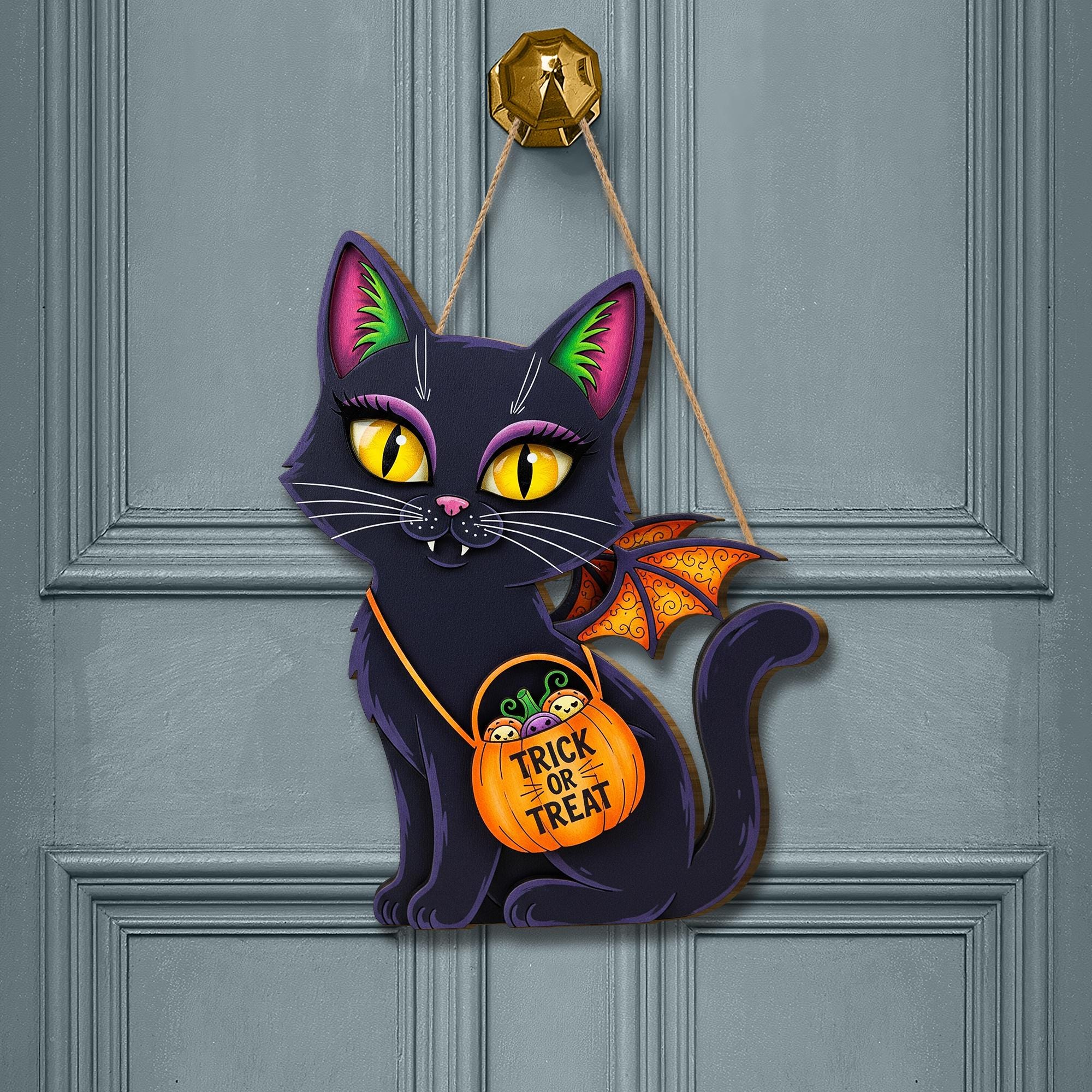 Halloween Black Cat Wooden Sign , Trick or Treat Sign, Spooky Cute Decor, Fall Home Decoration, Witchy Cat Welcome Sign