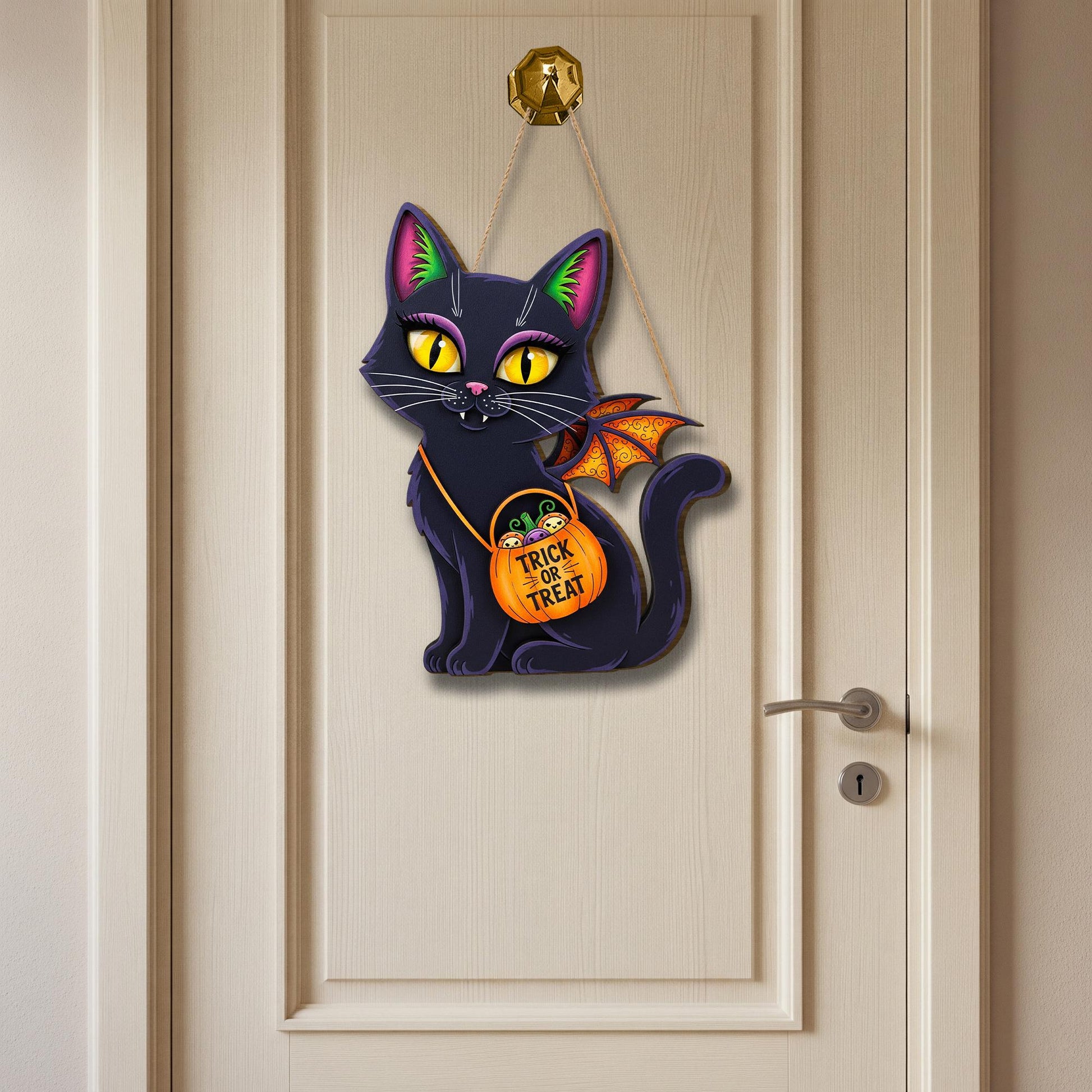 Halloween Black Cat Wooden Sign , Trick or Treat Sign, Spooky Cute Decor, Fall Home Decoration, Witchy Cat Welcome Sign