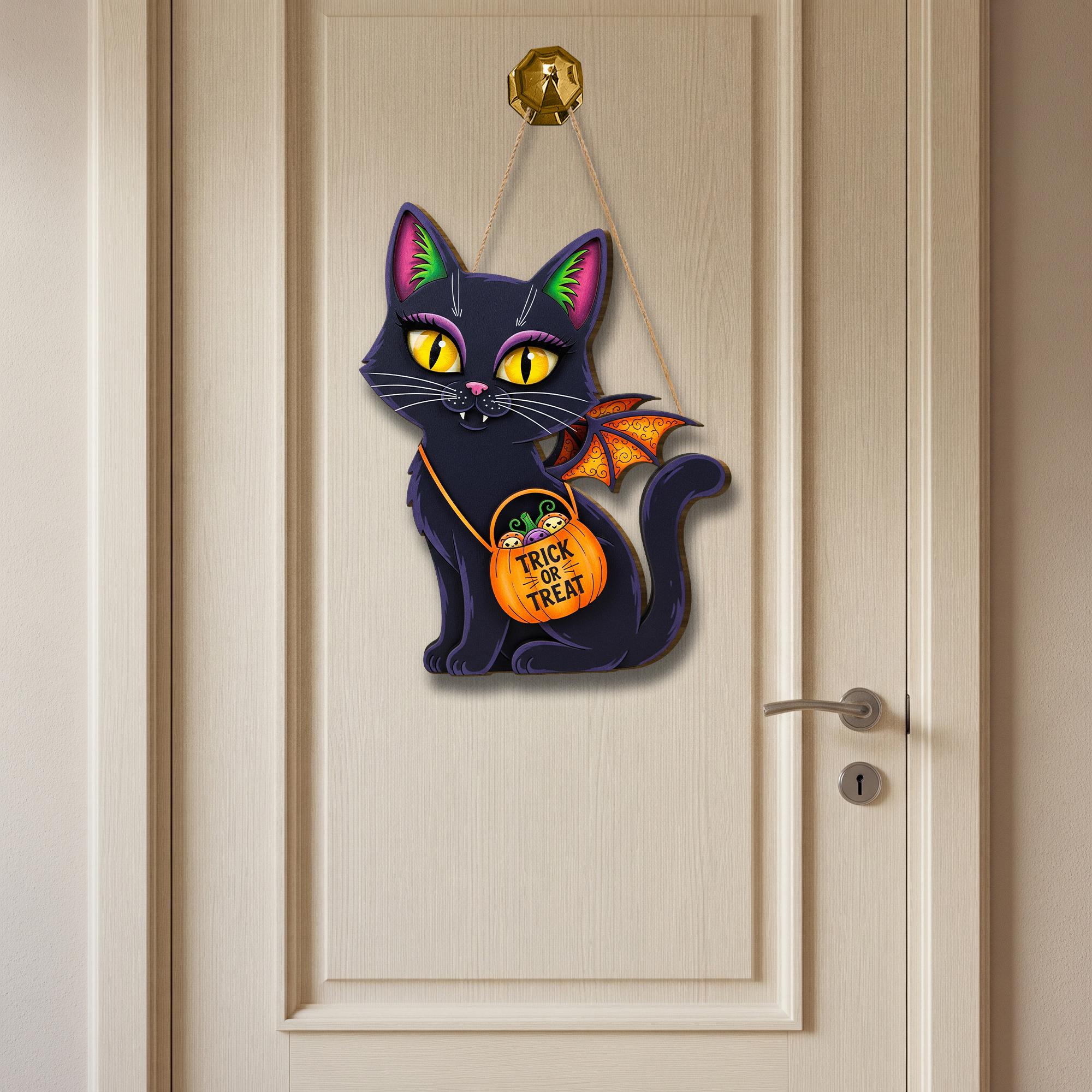 Halloween Black Cat Wooden Sign , Trick or Treat Sign, Spooky Cute Decor, Fall Home Decoration, Witchy Cat Welcome Sign