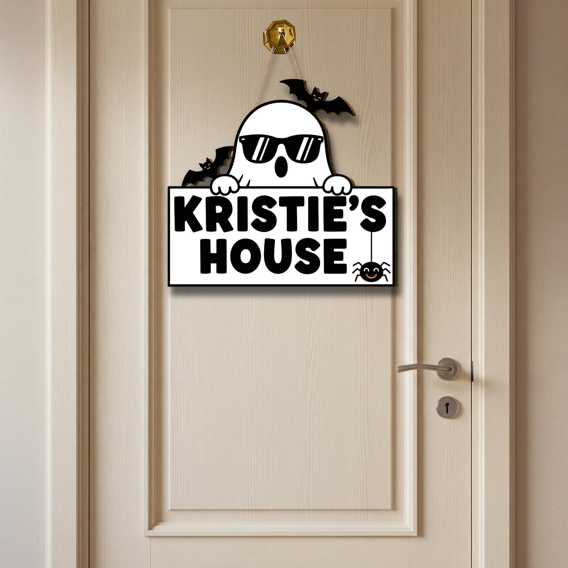 Personalized Halloween Ghost Door Sign, Cute Custom Name Decor with Bats and Spider, Fall Porch or Kids Room Decoration, Spooky Home Decor