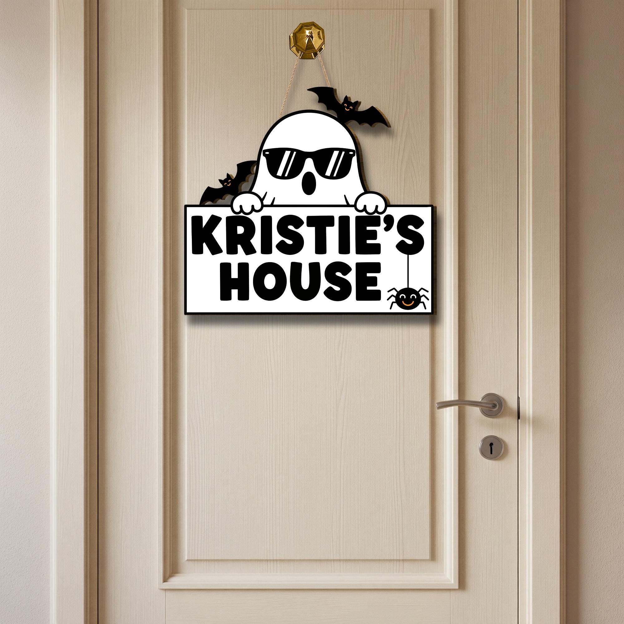 Personalized Halloween Ghost Door Sign, Cute Custom Name Decor with Bats and Spider, Fall Porch or Kids Room Decoration, Spooky Home Decor