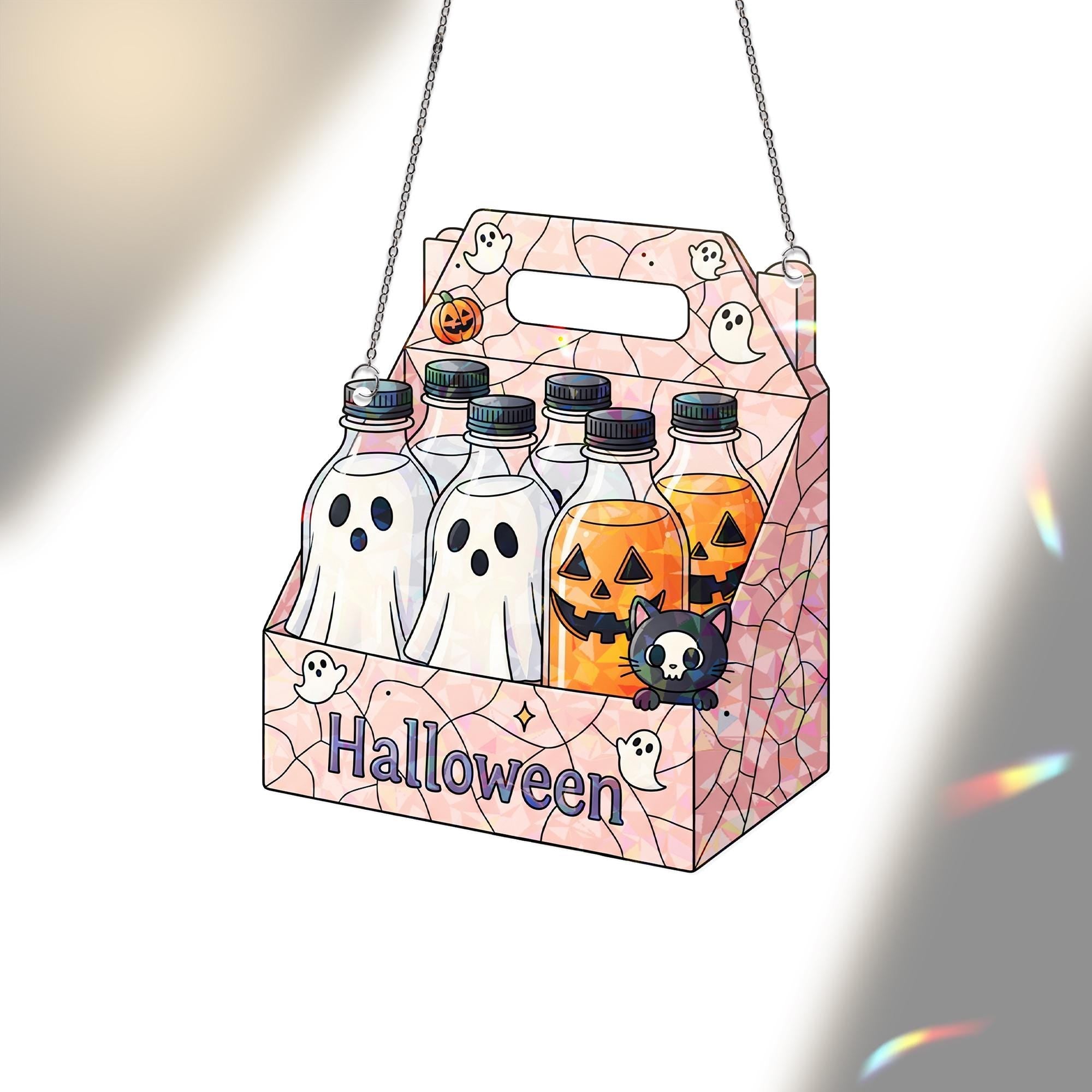 Halloween Drink Carrier Suncatcher, Spooky Ghost Pumpkin Bottle Decor, Trick or Treat Window Cling, Fall Home Decoration