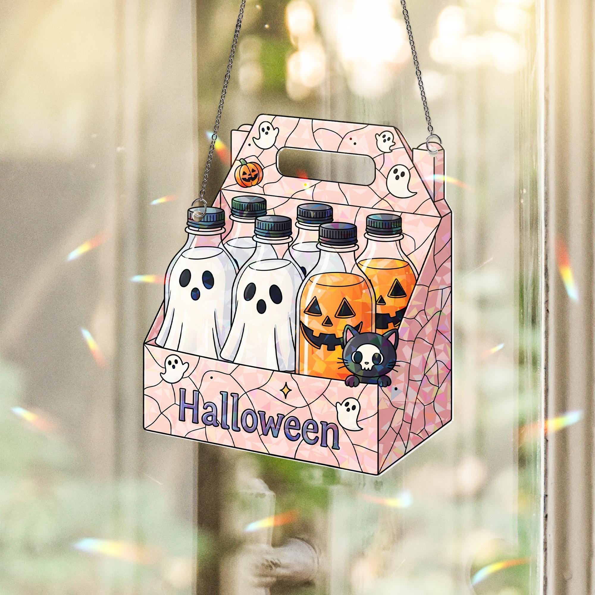 Halloween Drink Carrier Suncatcher, Spooky Ghost Pumpkin Bottle Decor, Trick or Treat Window Cling, Fall Home Decoration