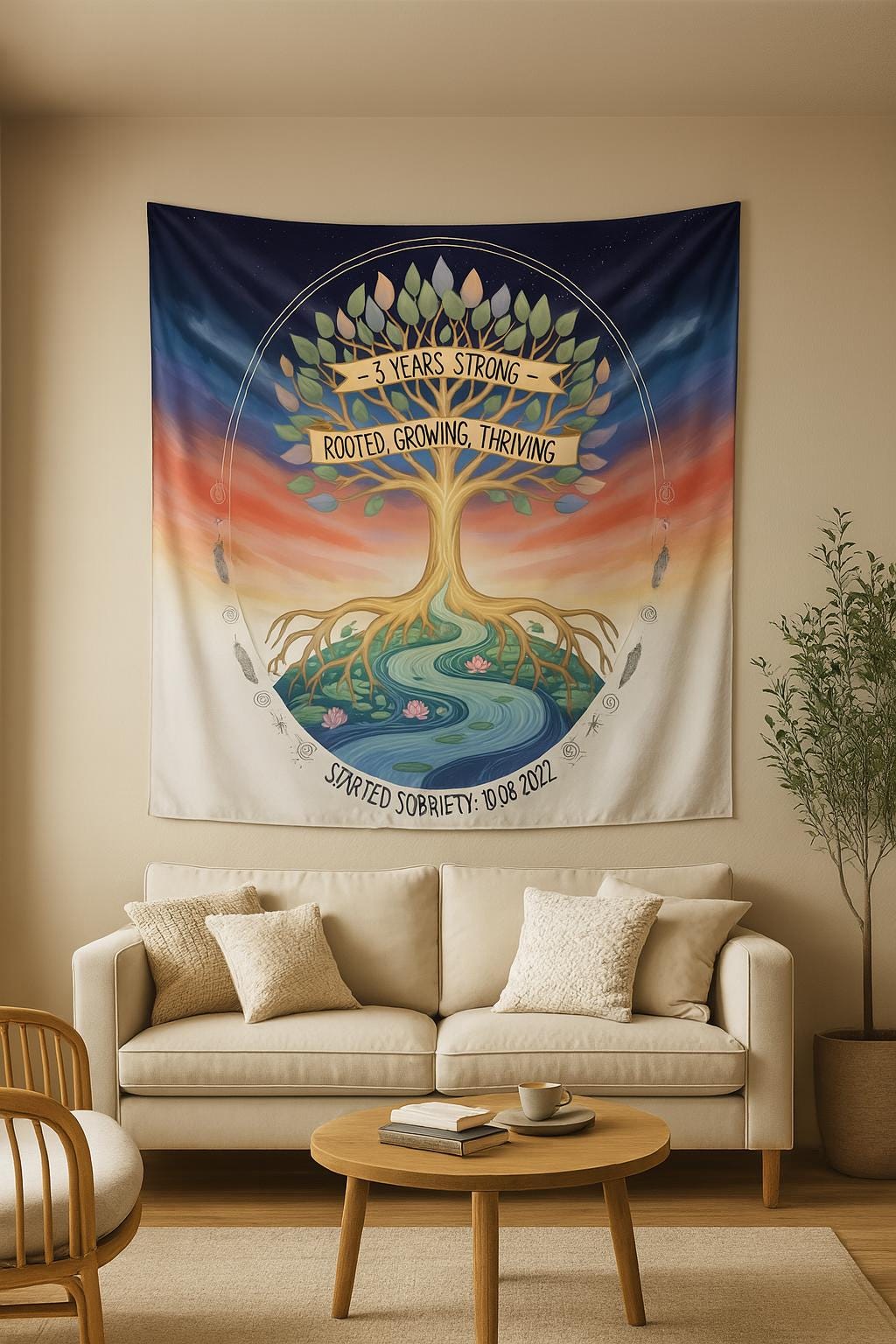 Personalized Sobriety Tapestry 3 Years | Custom Recovery Gift | Sober Anniversary Decor | Tree of Life Wall Art | Sober Birthday Milestone