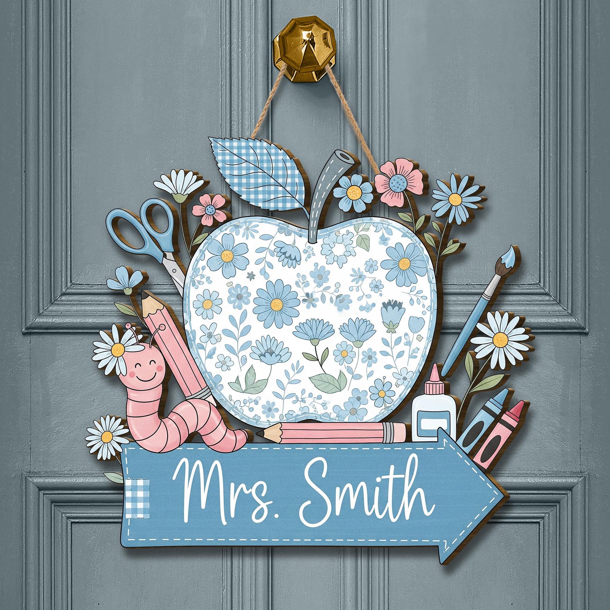 Personalized Teacher Door Sign with Floral Apple – Custom Classroom Decor with Name, Back to School Gift for Teachers, Chinoiserie Flowers