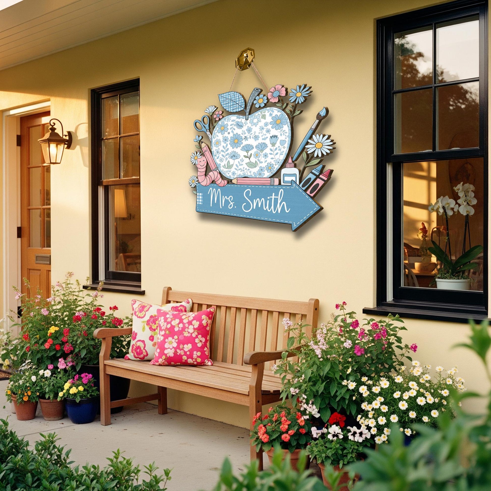 Personalized Teacher Door Sign with Floral Apple – Custom Classroom Decor with Name, Back to School Gift for Teachers, Chinoiserie Flowers