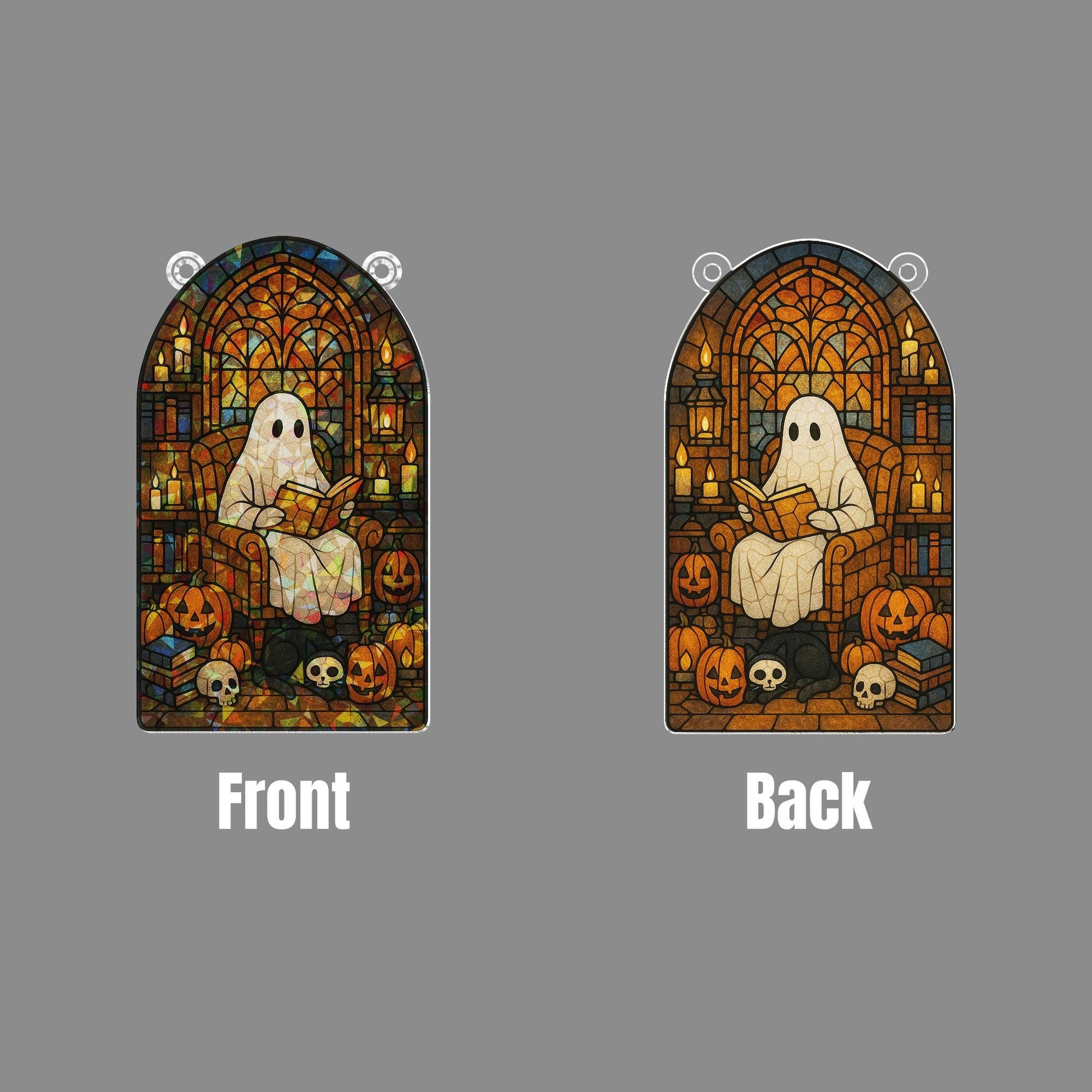 Ghost Reading Acrylic Sun Catcher, Halloween Reading Ghost Acrylic Decor, Spooky Gothic Window Hanging, Pumpkin & Skull Book Nook Art