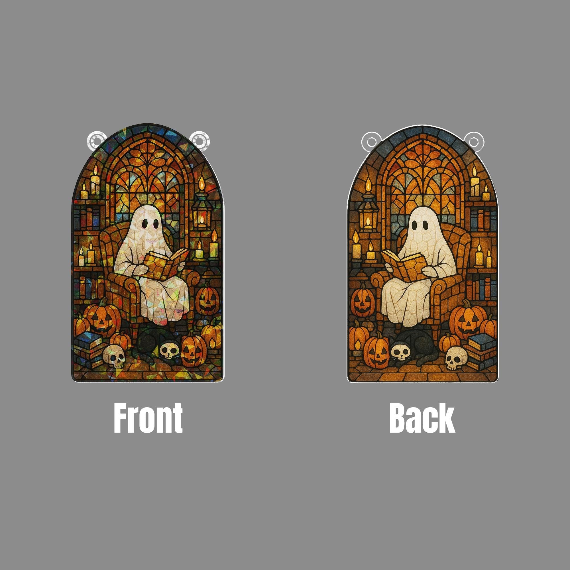 Ghost Reading Acrylic Sun Catcher, Halloween Reading Ghost Acrylic Decor, Spooky Gothic Window Hanging, Pumpkin & Skull Book Nook Art