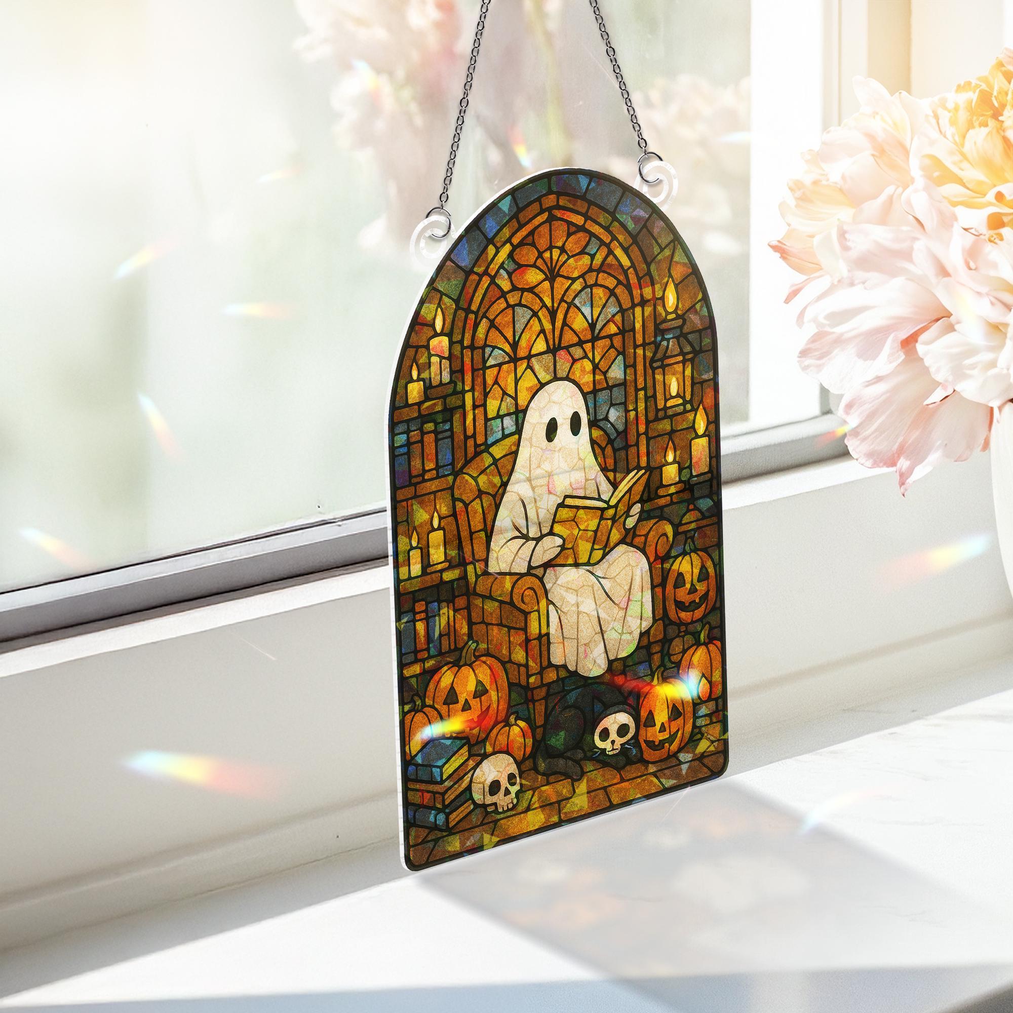 Ghost Reading Acrylic Sun Catcher, Halloween Reading Ghost Acrylic Decor, Spooky Gothic Window Hanging, Pumpkin & Skull Book Nook Art