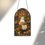 Ghost Reading Acrylic Sun Catcher, Halloween Reading Ghost Acrylic Decor, Spooky Gothic Window Hanging, Pumpkin & Skull Book Nook Art