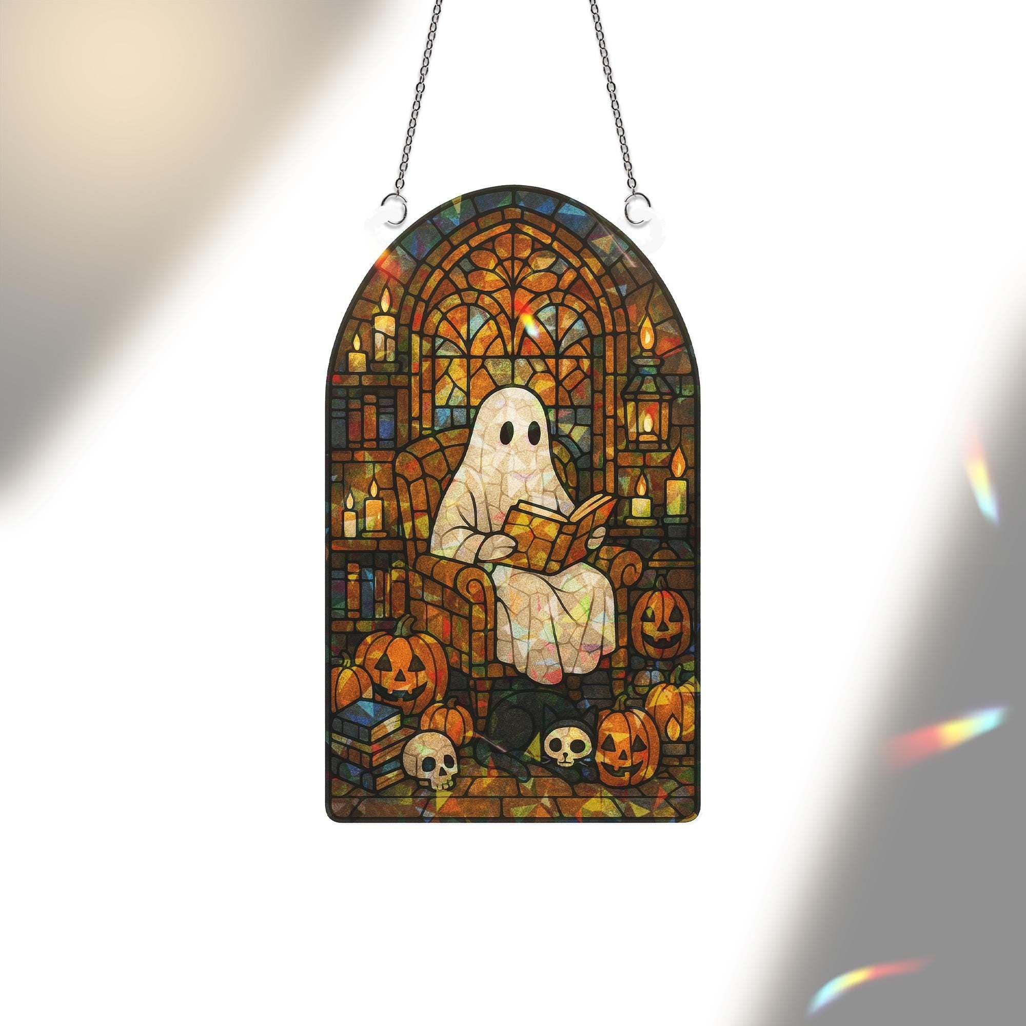Ghost Reading Acrylic Sun Catcher, Halloween Reading Ghost Acrylic Decor, Spooky Gothic Window Hanging, Pumpkin & Skull Book Nook Art