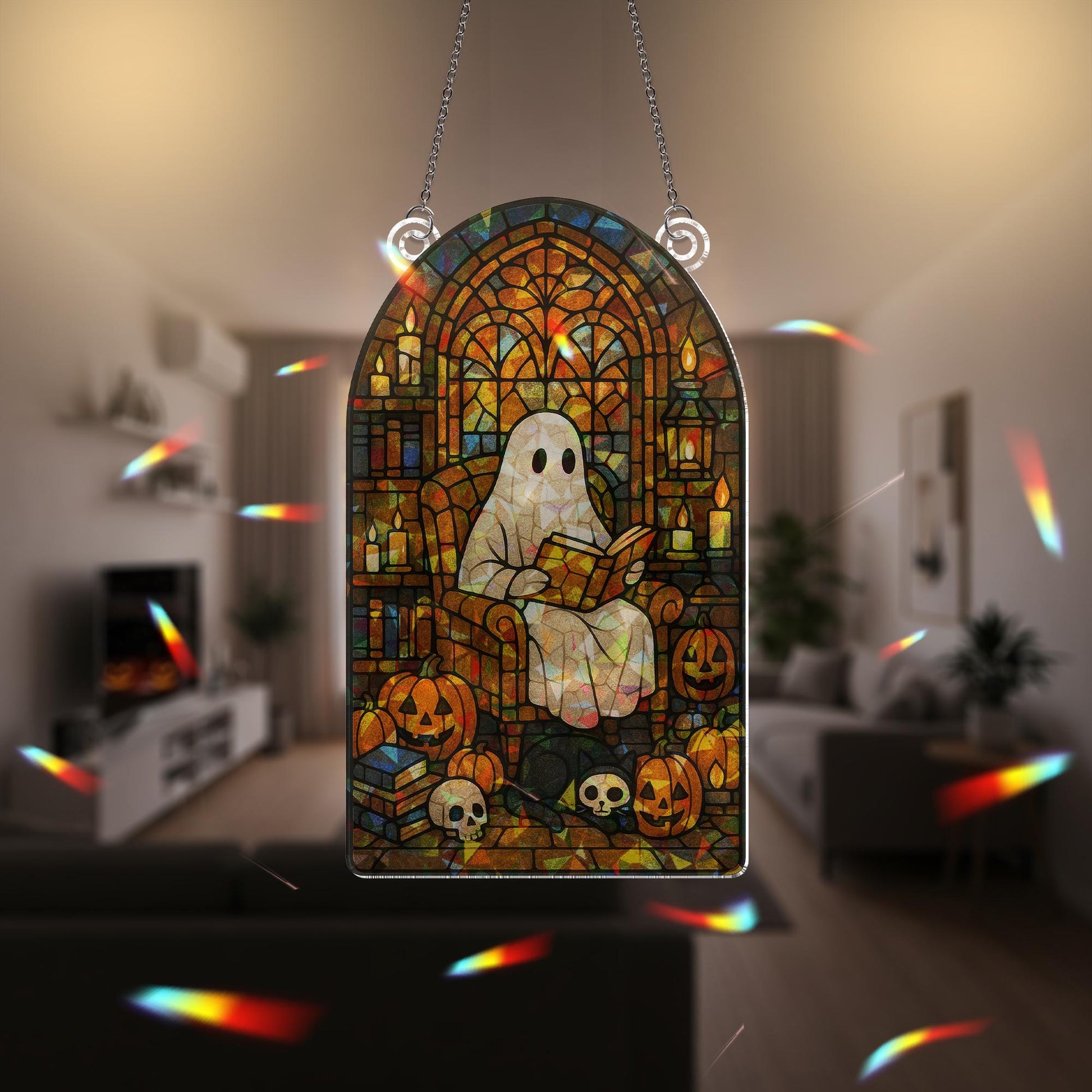 Ghost Reading Acrylic Sun Catcher, Halloween Reading Ghost Acrylic Decor, Spooky Gothic Window Hanging, Pumpkin & Skull Book Nook Art